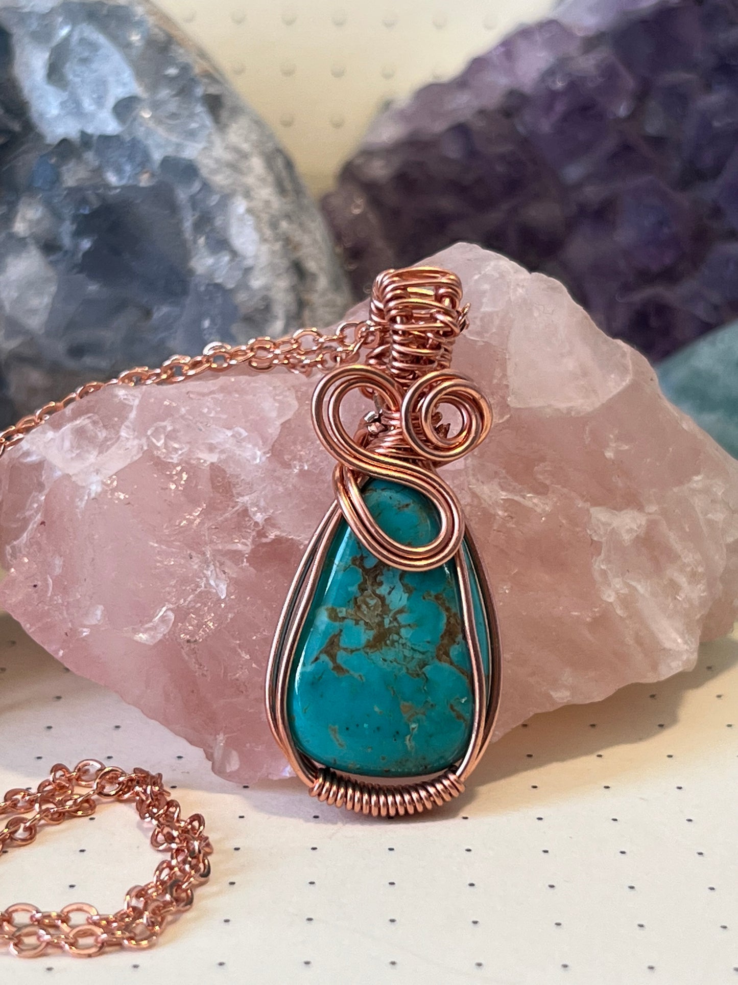 Turquoise Necklace | Wire Wrapped Crystal Healing Pendant with Chain | Good Luck ~ Ambition ~ Peace