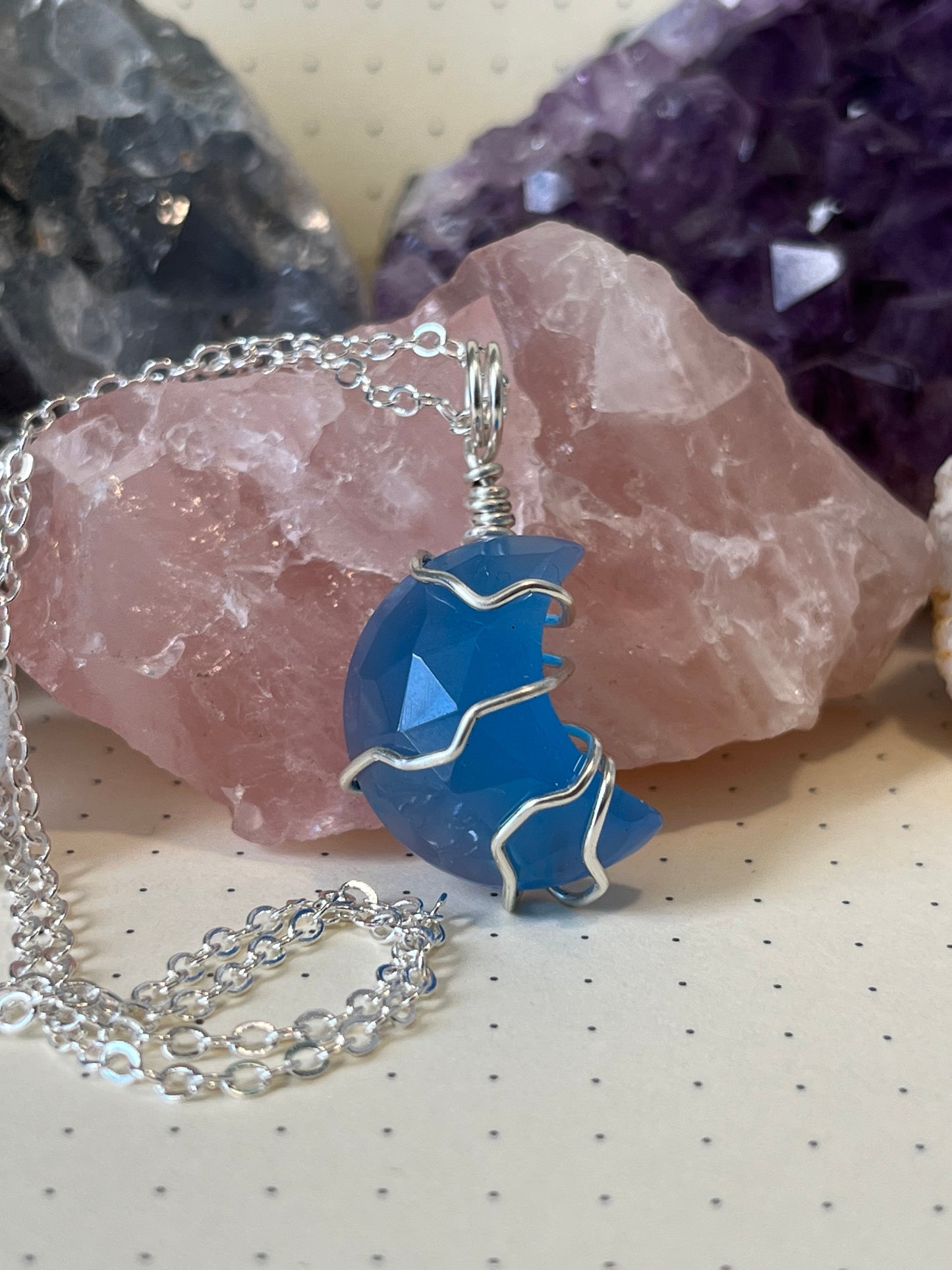 Blue Chalcedony Crescent Moon Necklace, Wire Wrapped Crystal Necklace With Chain, Happiness ~ Energizing ~ Balance