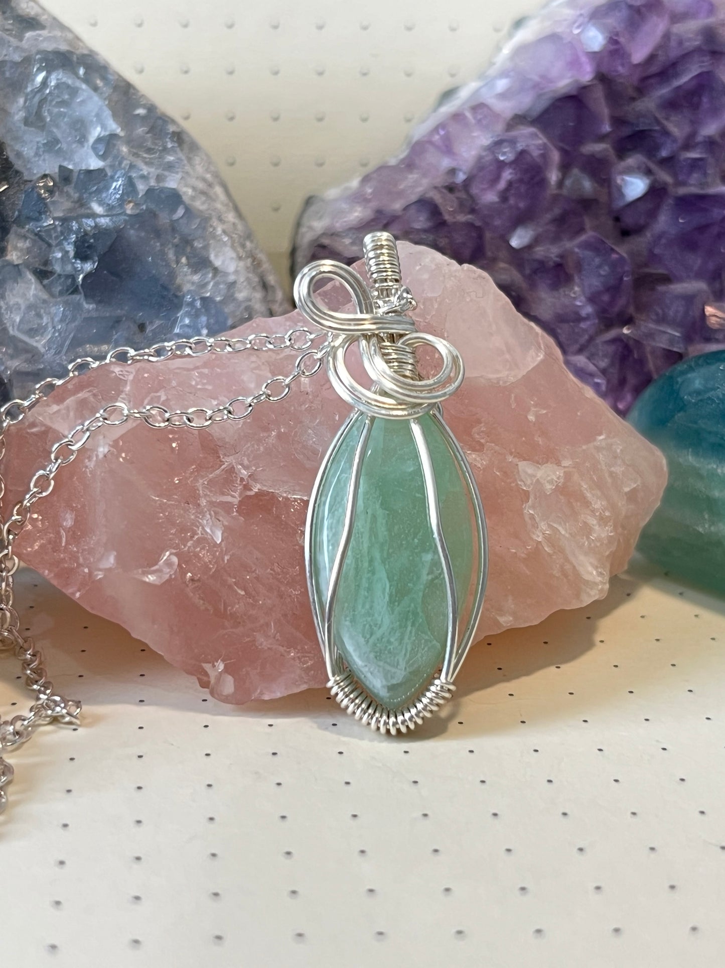Green Moonstone Necklace | Wire Wrapped Crystal Healing Pendant with Chain | Divinity ~ Emotional Healing ~ Balance
