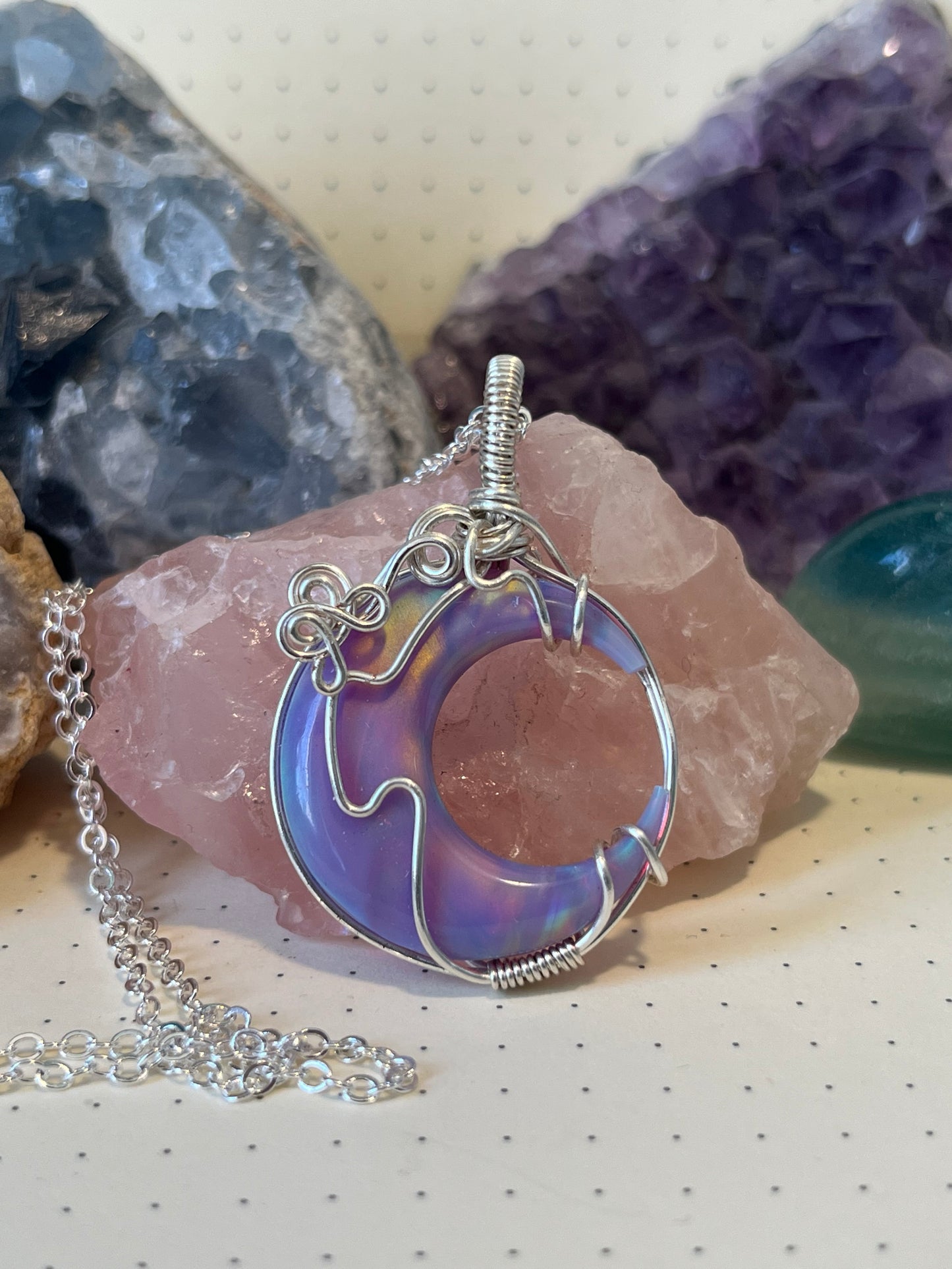 Aurora Opal Moon Necklace | Wire Wrapped Crystal Healing Pendant with Chain | Uplifting ~ Creativity ~ Discovery