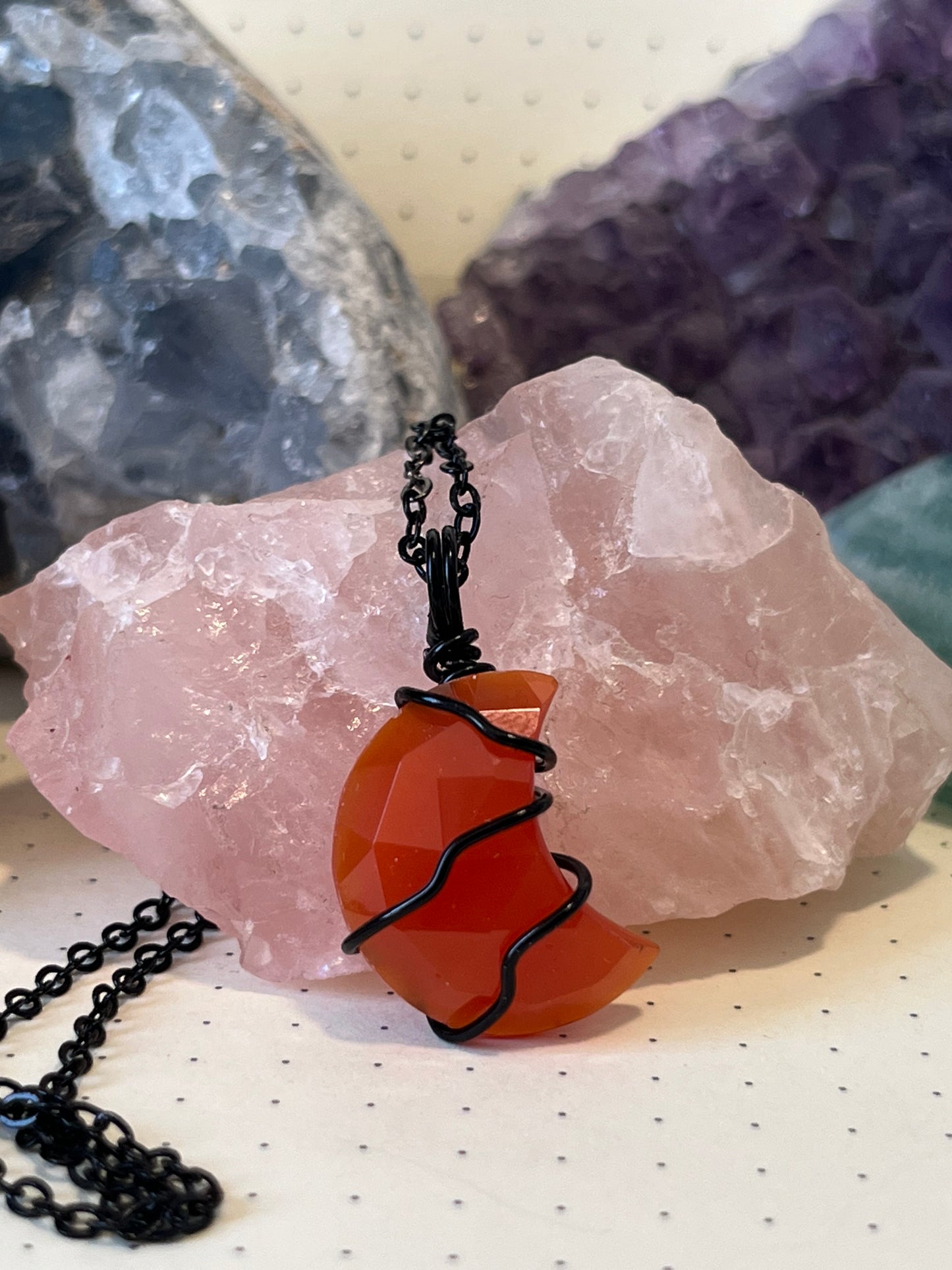 Red Onyx Moon Necklace | Wire Wrapped Crystal Healing Pendant with Chain | Protection ~ Release ~ Prosperity