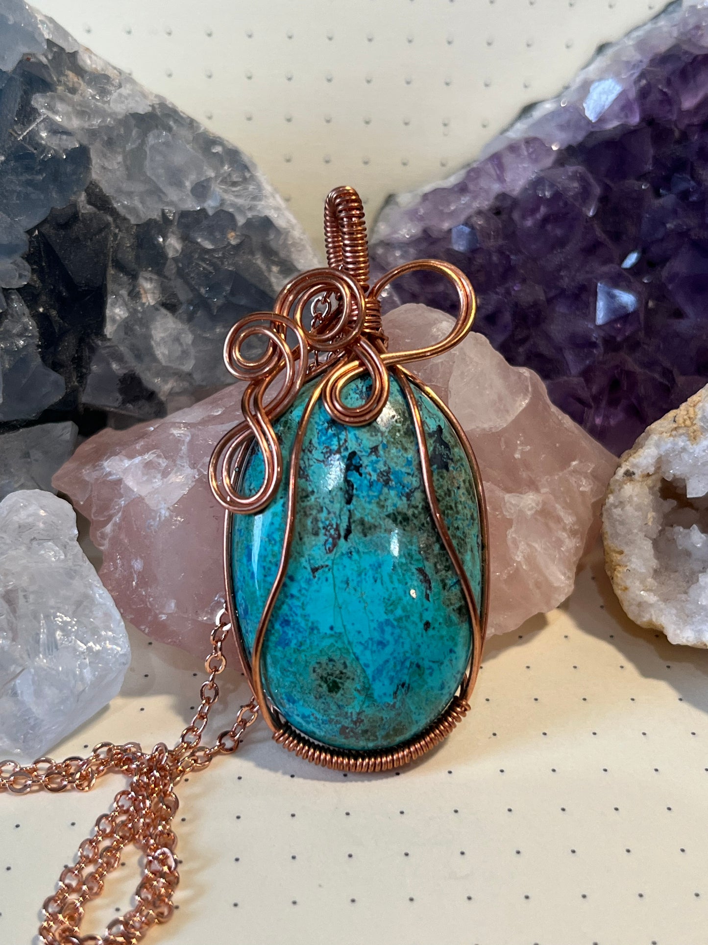 Chrysocolla Necklace, Wire Wrapped Crystal Pendant with Chain, Peace ~ Communication ~ New Beginnings