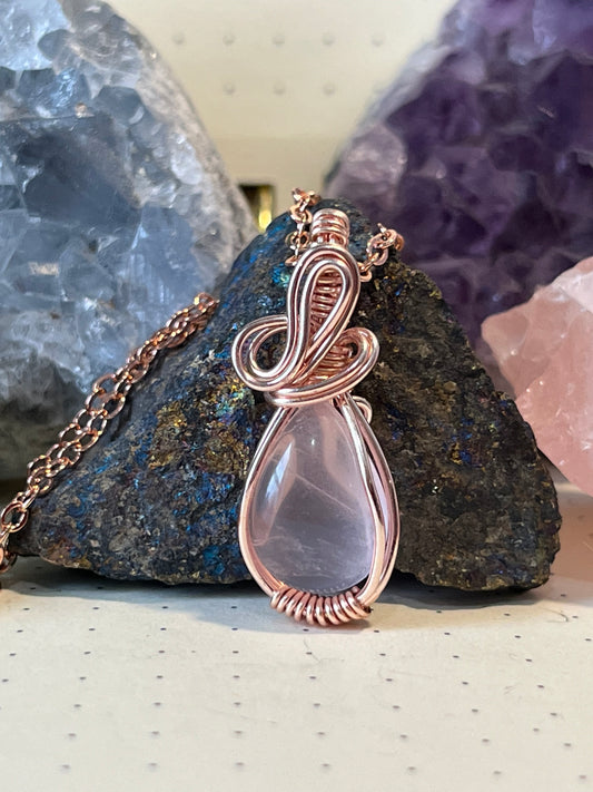 Rose Quartz Necklace | Wire Wrapped Crystal Healing Pendant with Chain | Happiness ~ Passion ~ Unconditional Love