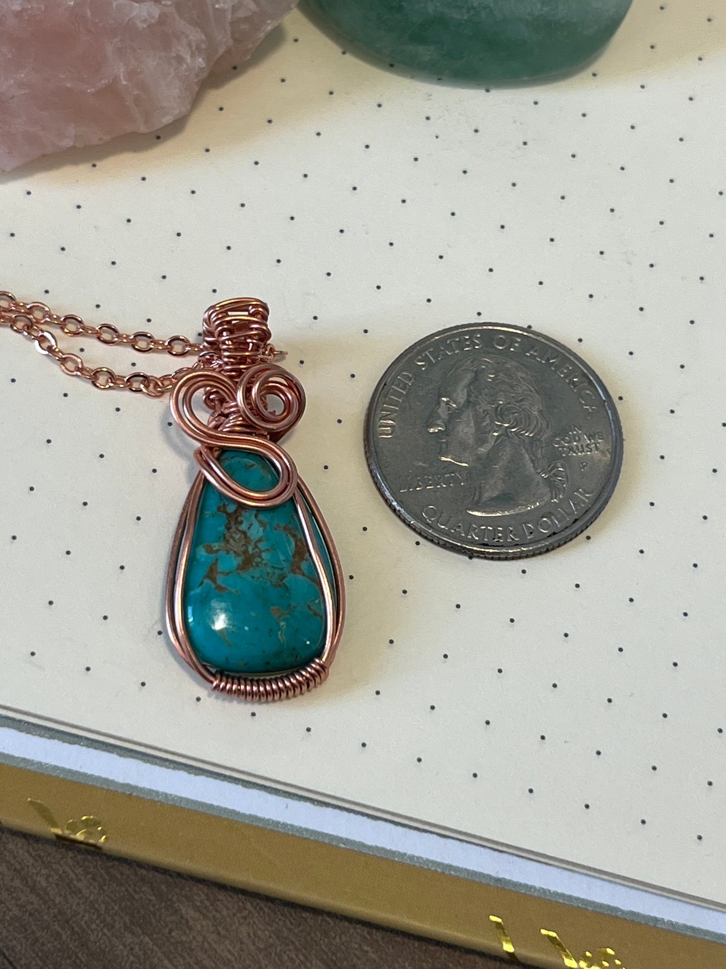 Turquoise Necklace | Wire Wrapped Crystal Healing Pendant with Chain | Good Luck ~ Ambition ~ Peace