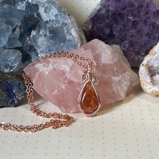 Sunstone Necklace | Wire Wrapped Crystal Healing Pendant with Chain |  Joy ~ Light ~ Optimism