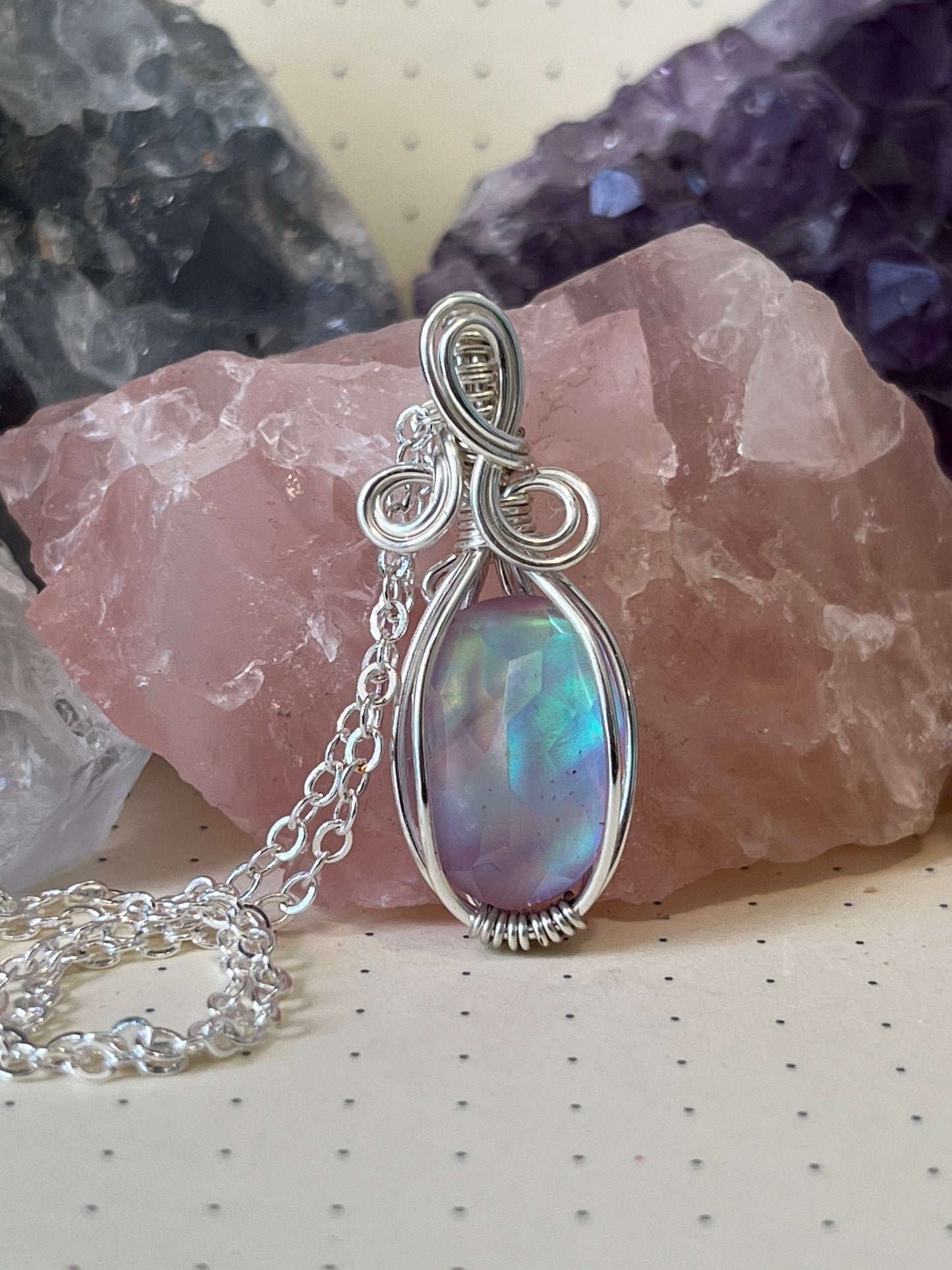 Aurora Opal Necklace, Wire Wrapped Crystal with Chain, Uplifting ~ Creativity ~ Discovery