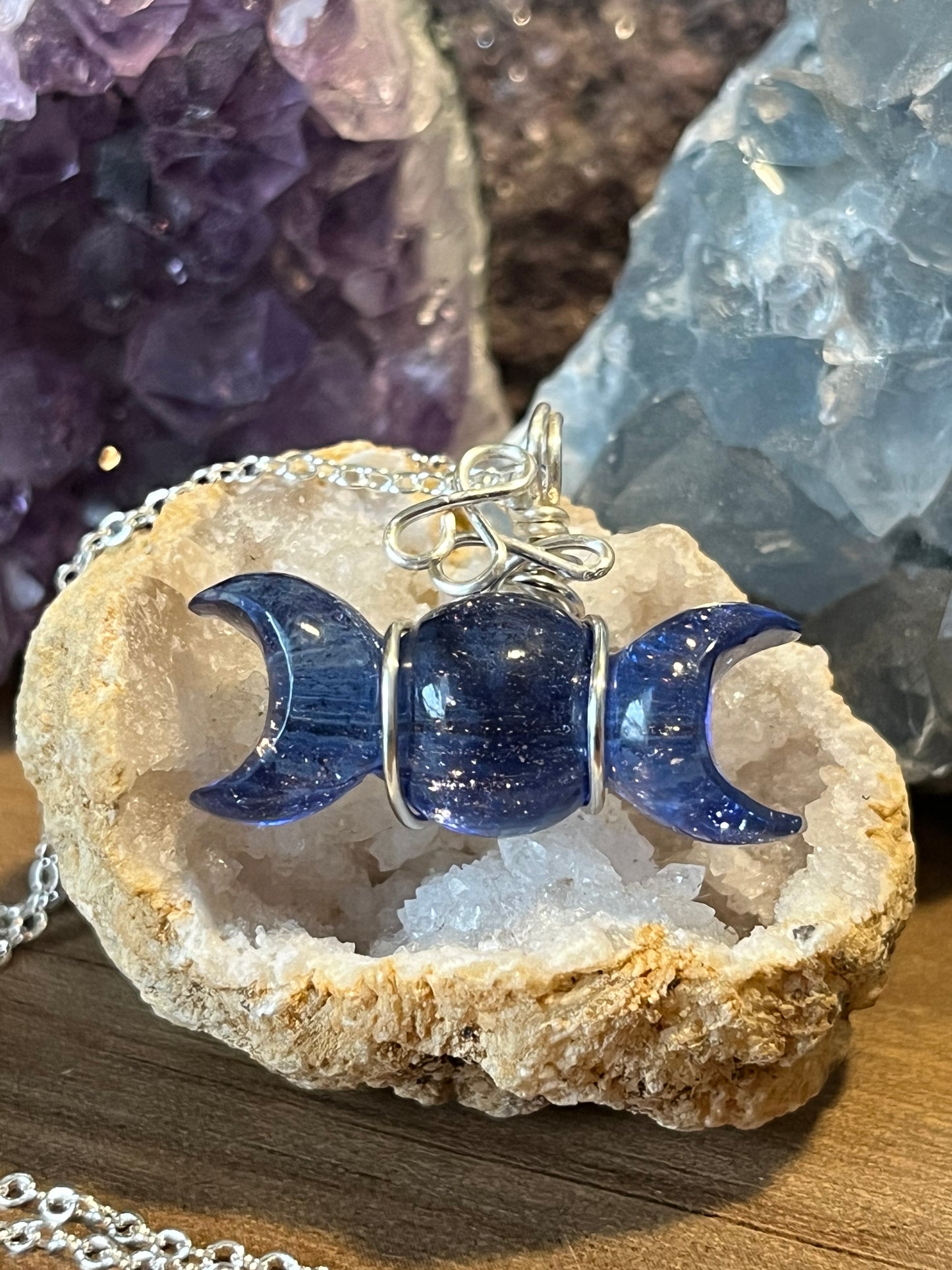 Blue Goldstone & Crystal Quartz, Wire Wrapped Crystal Pendant with Chain, Confidence ~ Wishes ~ Luck