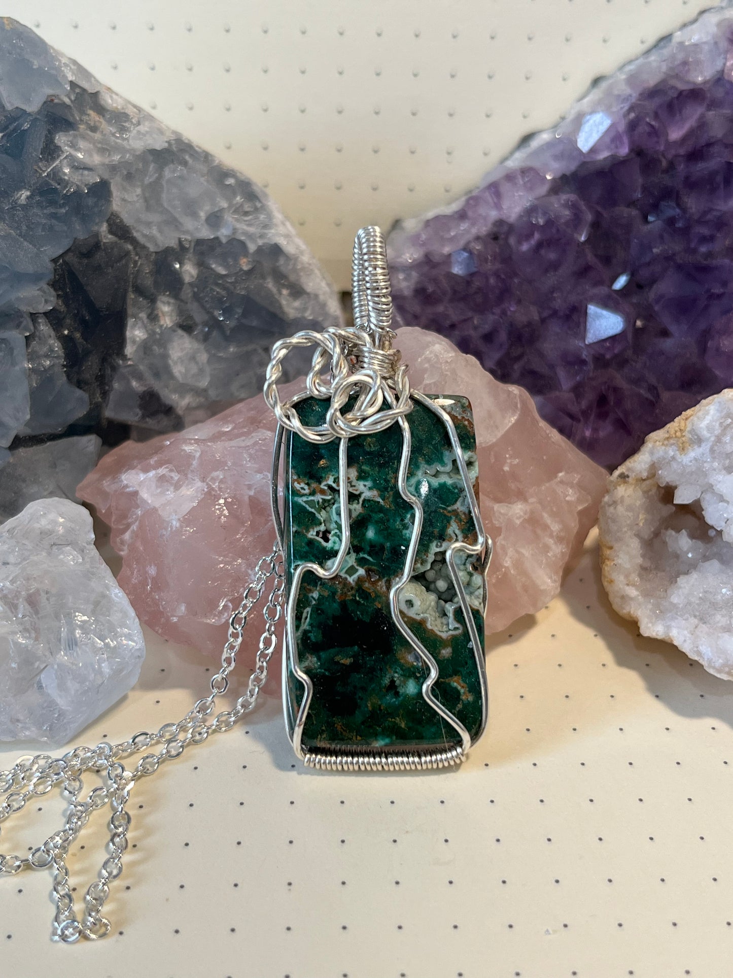 Malachite Chrysocolla Necklace, Wire Wrapped Crystal Pendant with Chain, ransformation ~ Creative Expression ~ Communication