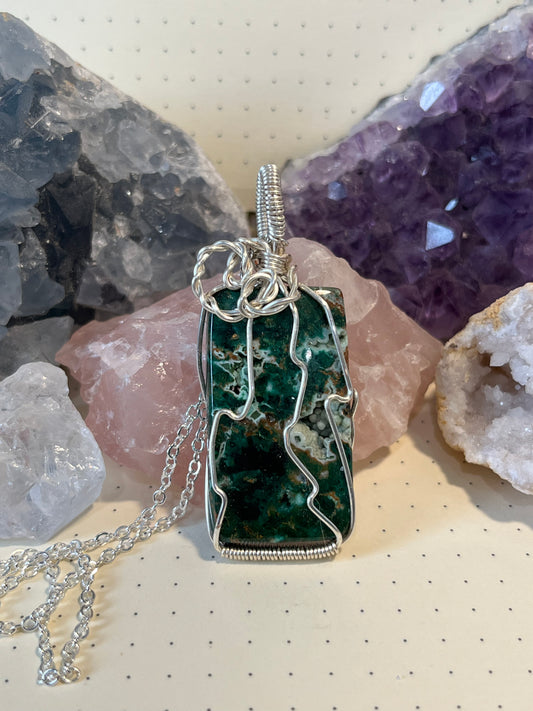 Malachite Chrysocolla Necklace, Wire Wrapped Crystal Pendant with Chain, ransformation ~ Creative Expression ~ Communication