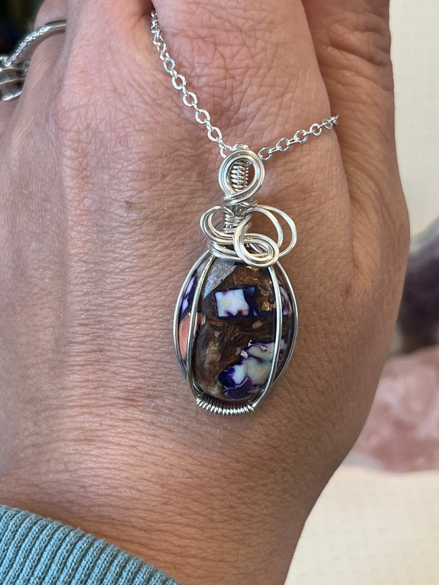 Ocean Jasper & Pyrite Necklace | Wire Wrapped Crystal Healing Pendant with Chain | Nurturing ~ Abundance ~ Prosperity