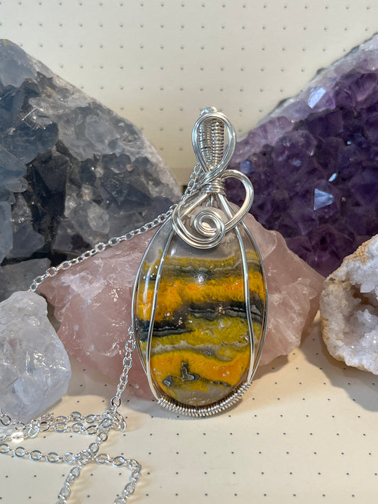 Bumble Bee Jasper, Wire Wrapped Crystal Pendant with Chain, Nurturing ~ Self-Esteem ~ Accept Change
