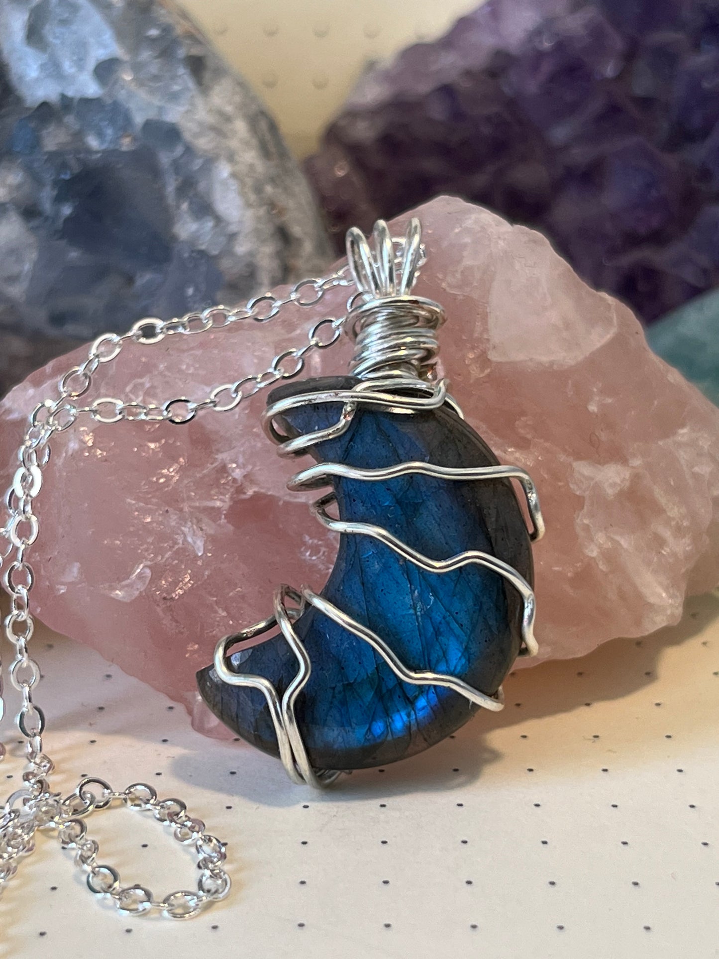Labradorite Moon Necklace | Wire Wrapped Crystal Healing Pendant with Chain | Higher Awareness ~ Shielding ~ Creativity