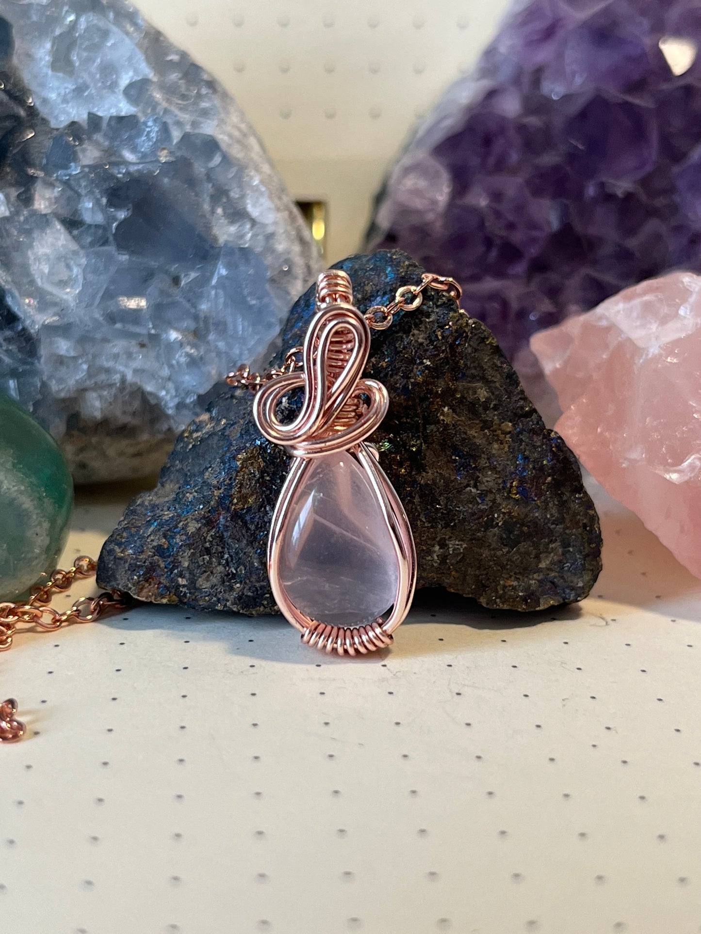Rose Quartz Necklace | Wire Wrapped Crystal Healing Pendant with Chain | Happiness ~ Passion ~ Unconditional Love