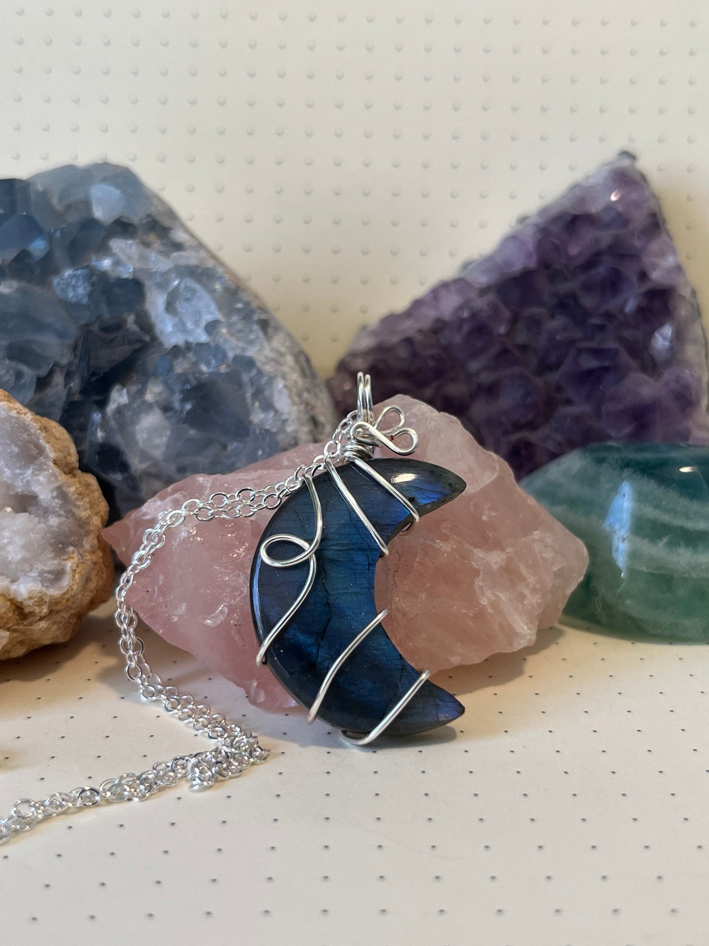 Labradorite Moon Necklace | Wire Wrapped Crystal Healing Pendant with Chain | Higher Awareness ~ Shielding ~ Creativity