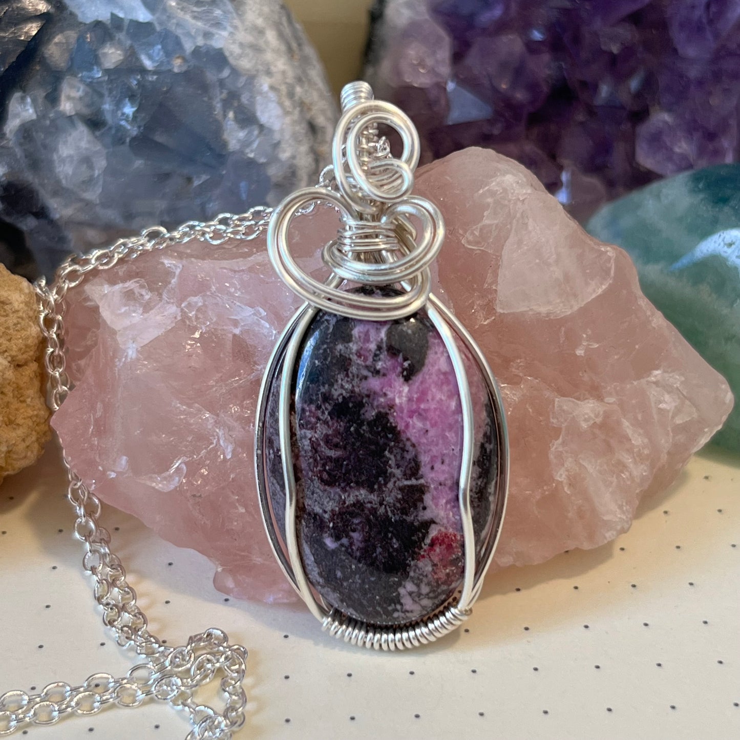 Pink Cobalto Calcite Necklace | Wire Wrapped Crystal Healing Pendant with Chain | Healing ~ Nurtures ~ Hope