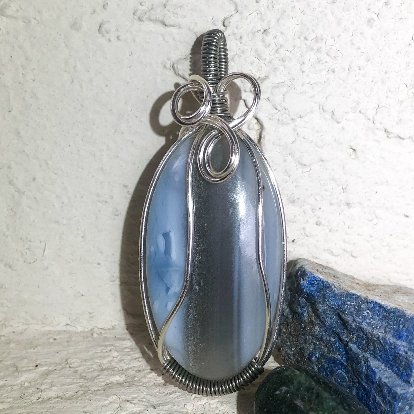 Blue Opal Crystal necklace, Wire Wrapped pendant, Owyhee Common Blue Opal, Angelic Communication ~ Expression ~ Releases Fear