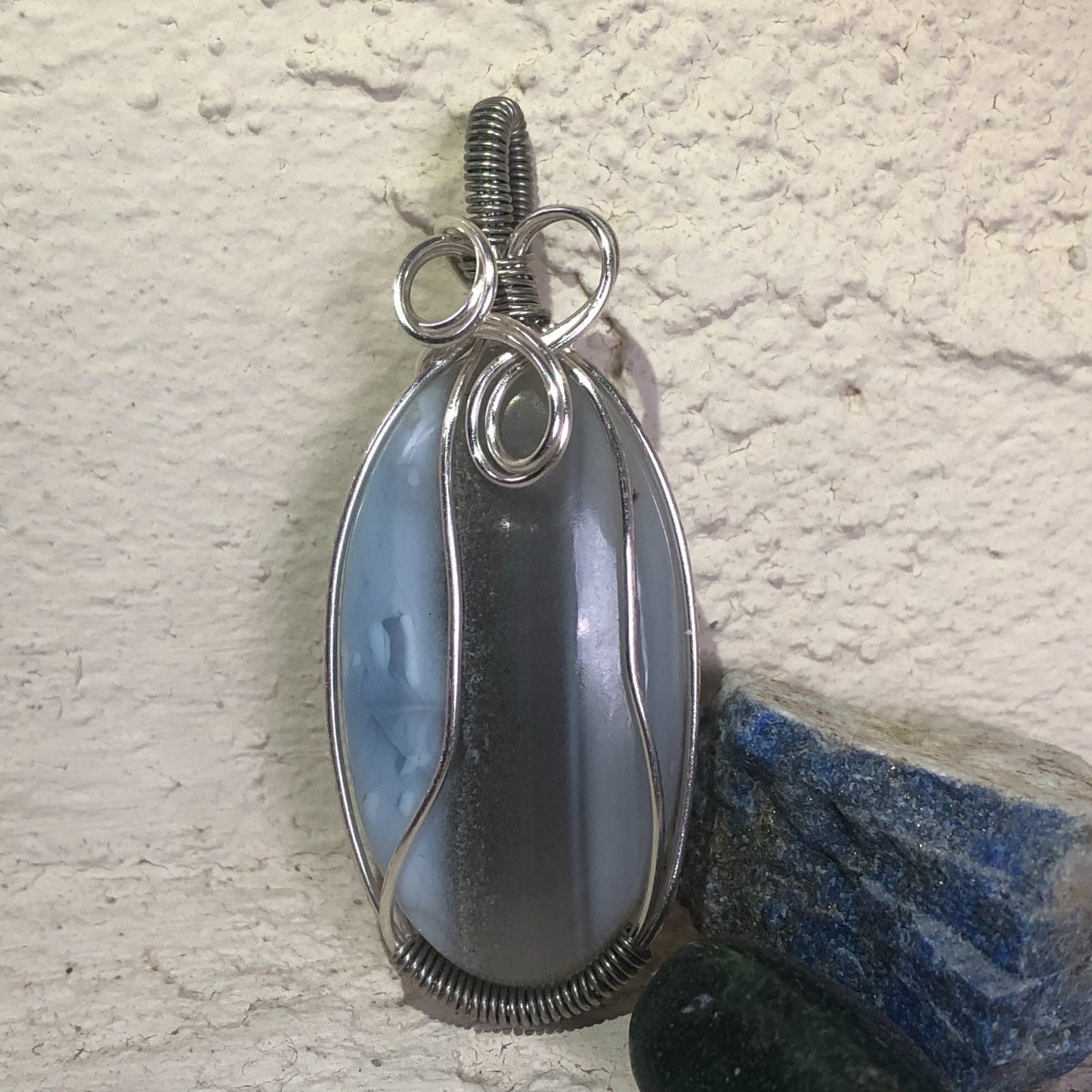 Blue Opal Crystal necklace, Wire Wrapped pendant, Owyhee Common Blue Opal, Angelic Communication ~ Expression ~ Releases Fear