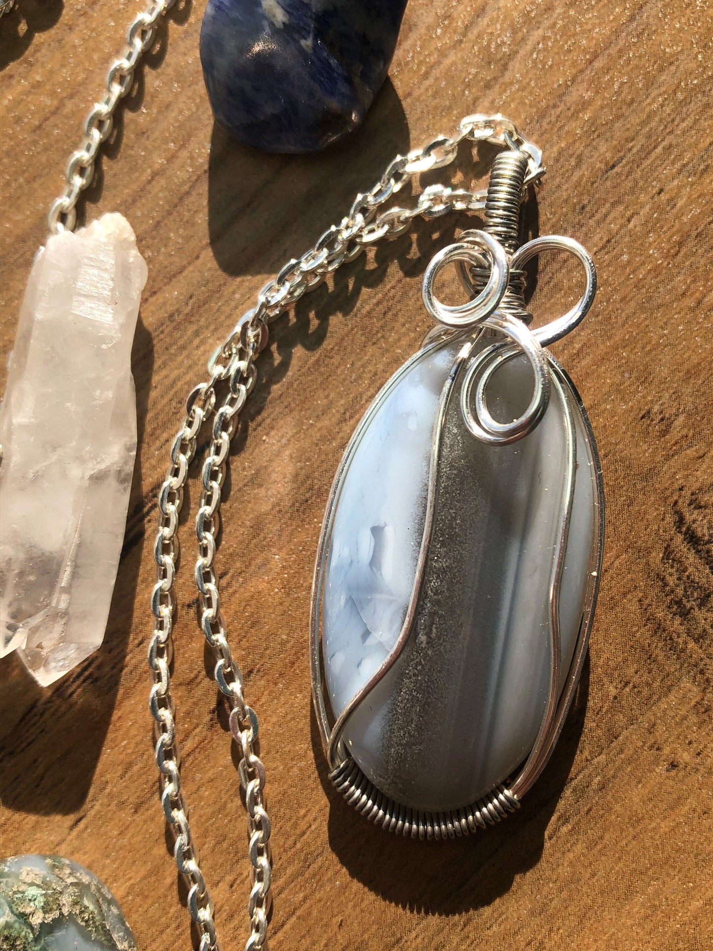 Blue Opal Crystal necklace, Wire Wrapped pendant, Owyhee Common Blue Opal, Angelic Communication ~ Expression ~ Releases Fear