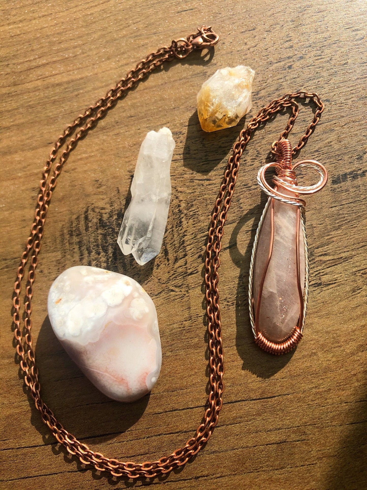 Peach Moonstone Necklace, Wire Wrapped Crystal Pendant with Chain, New Beginnings ~ Divinity ~ Growth