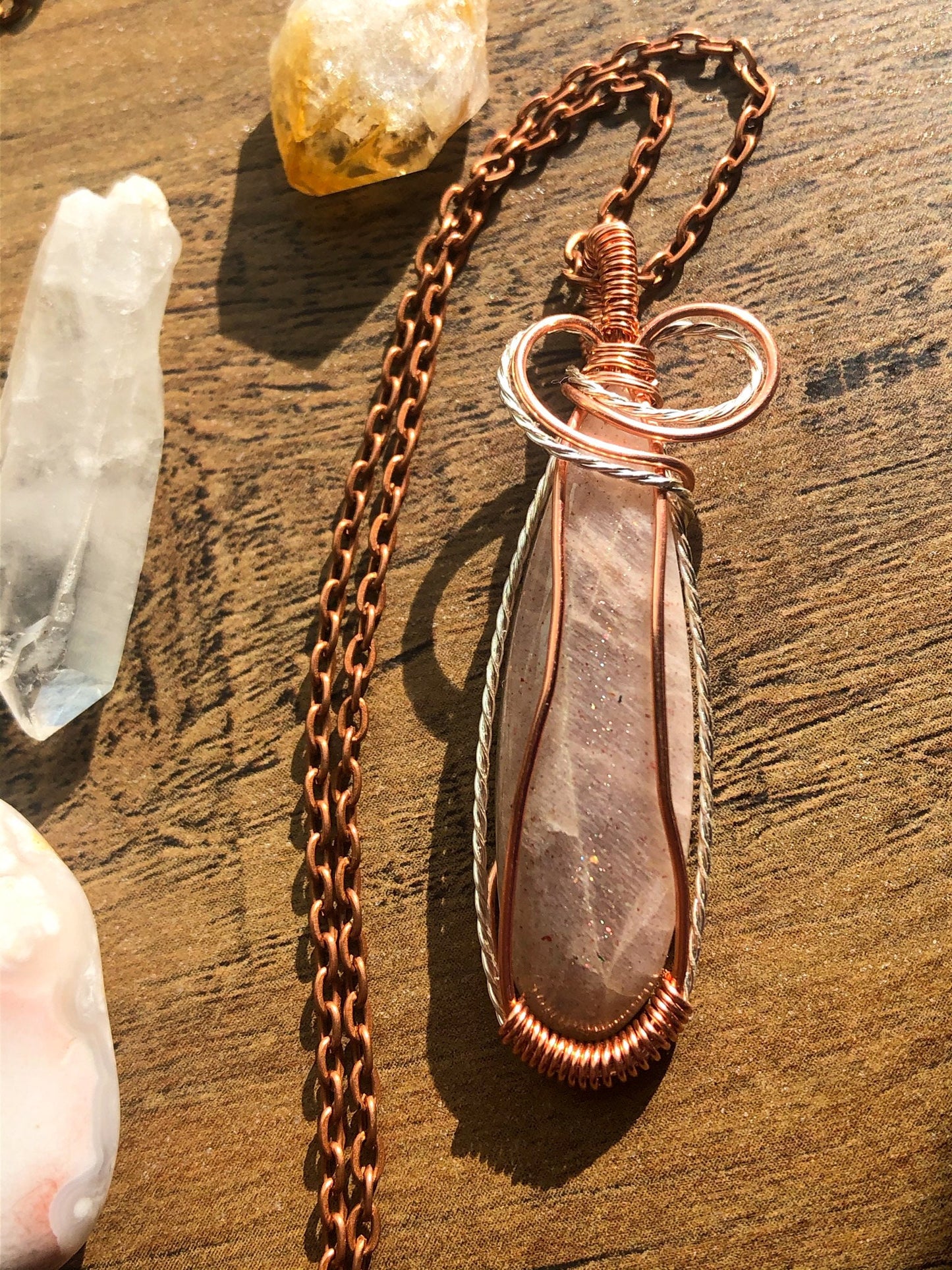 Peach Moonstone Necklace, Wire Wrapped Crystal Pendant with Chain, New Beginnings ~ Divinity ~ Growth