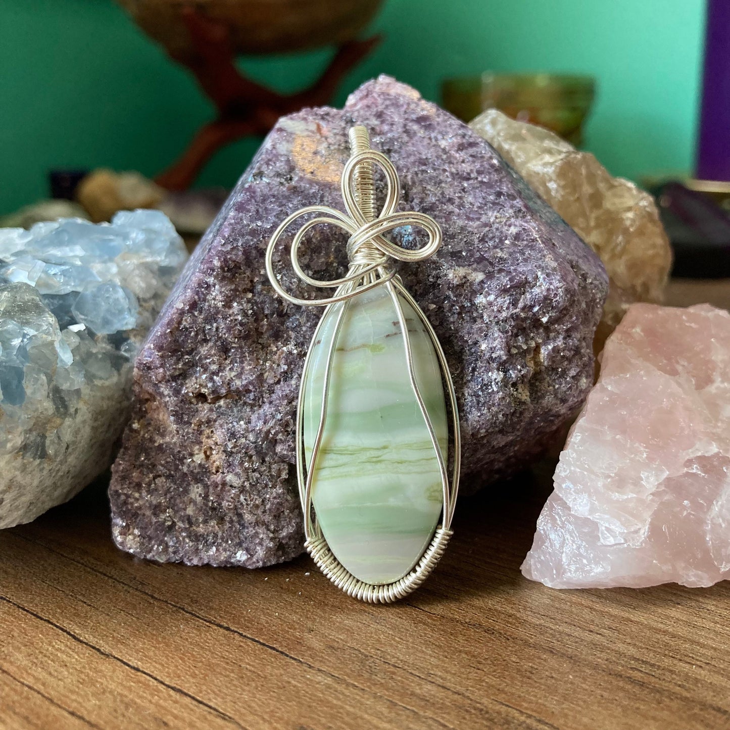 Green Septarian Necklace, Wire Wrapped Crystal Pendant with Chain, Strength ~ Nurturing ~ Patience