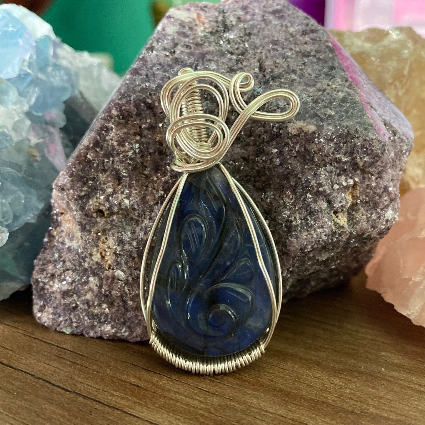 Labradorite Necklace, Wire Wrapped Crystal Pendant with Chain, Labradorite with Blue Flash, Higher Awareness ~ Shielding ~ Creativity
