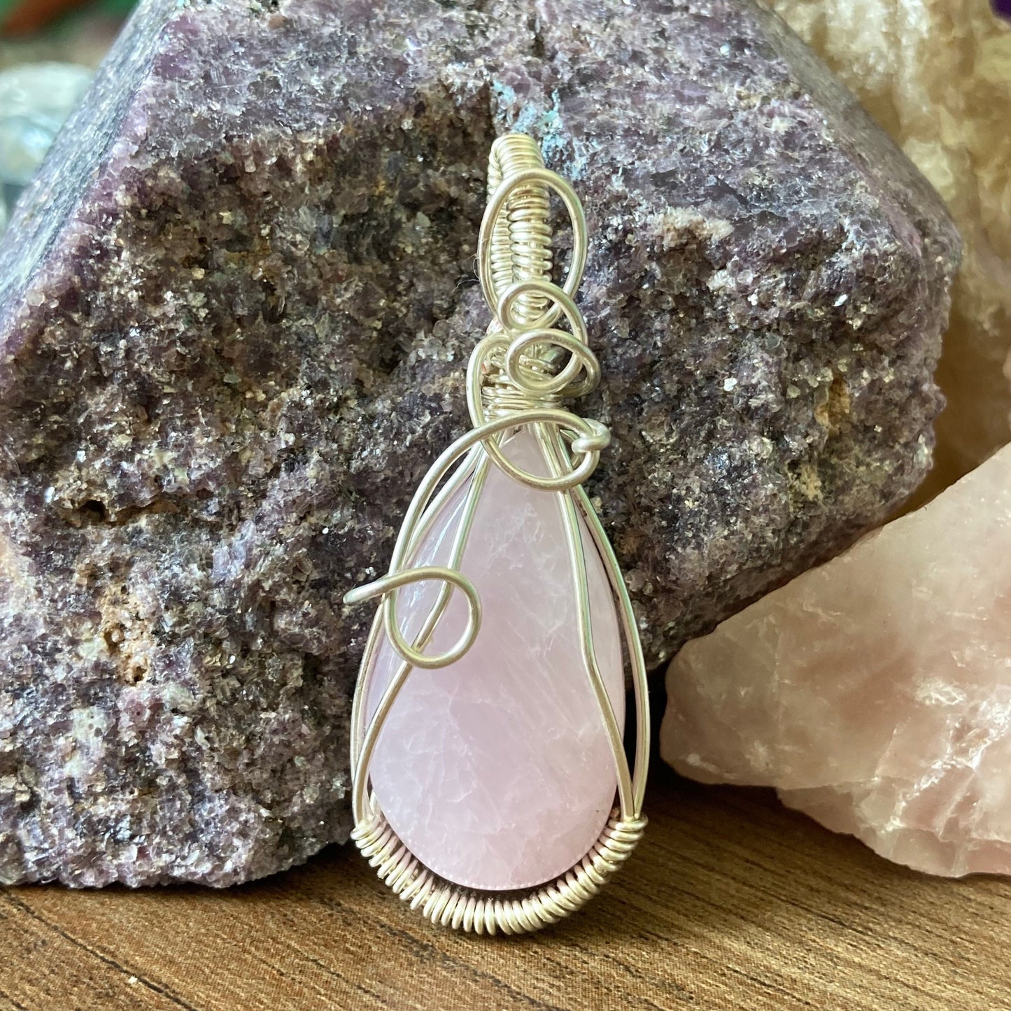 Kunzite Necklace, Wire Wrapped Crystal Pendant with Chain, Soothing ~ Self-Love ~ Self-Expression