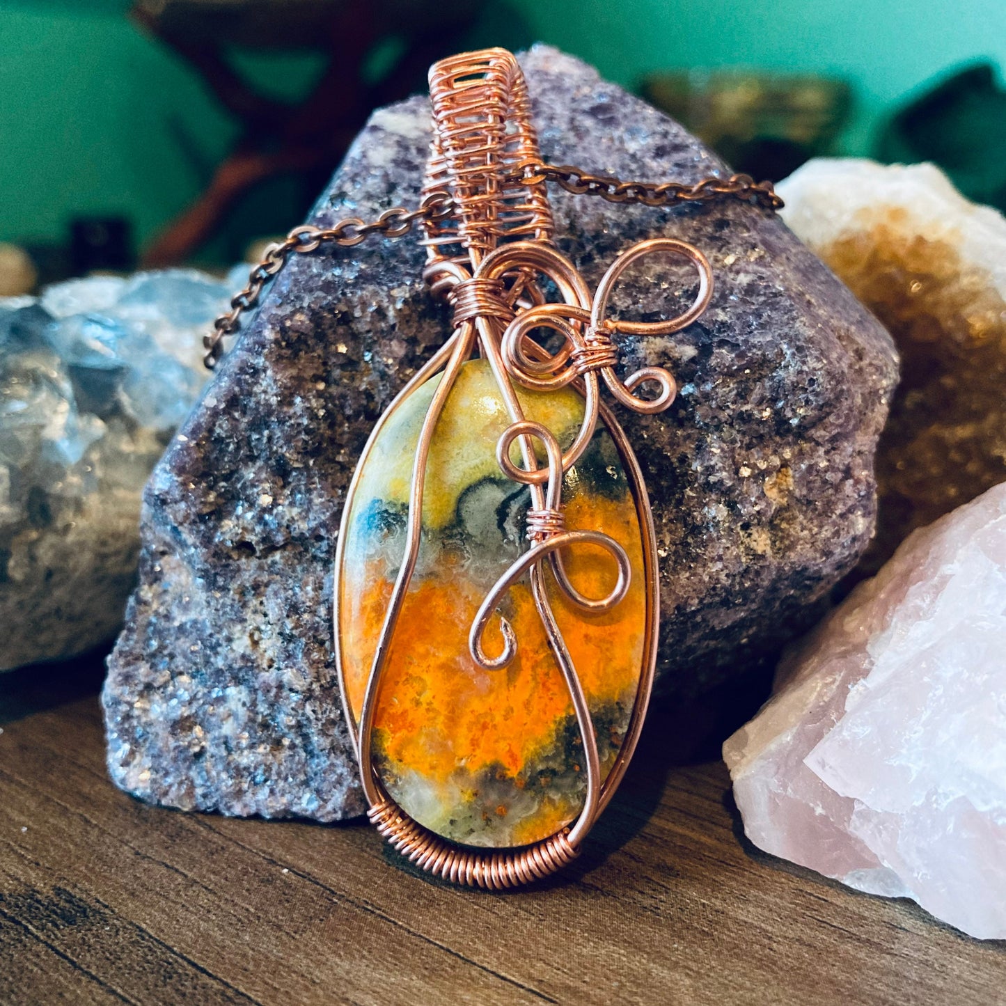 Bumble Bee Jasper Necklace, Wire Wrapped Crystal Pendant with Chain, Nurturing ~ Self-Esteem ~ Accept Change
