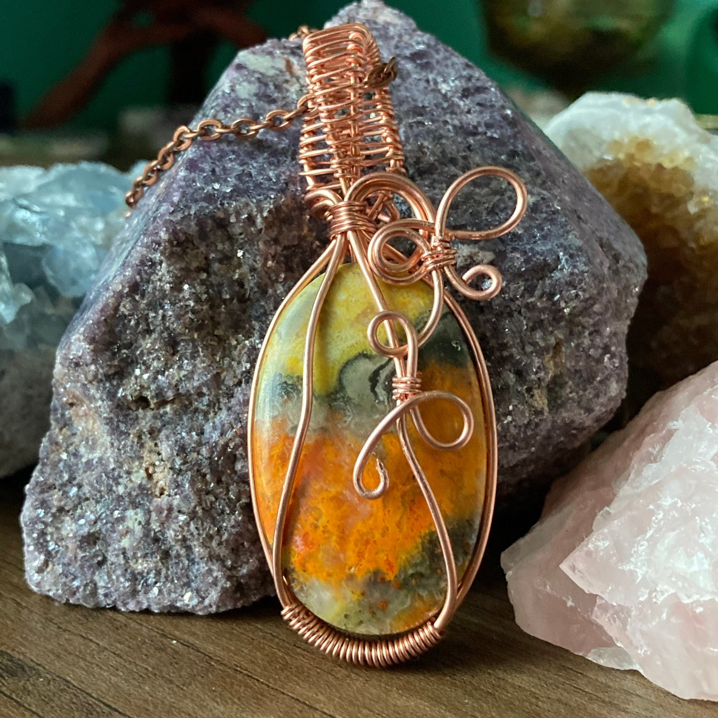 Bumble Bee Jasper Necklace, Wire Wrapped Crystal Pendant with Chain, Nurturing ~ Self-Esteem ~ Accept Change