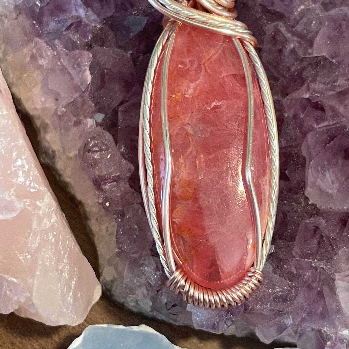 Rhodochrosite Necklace, Wire Wrapped Crystal Pendant with Chain, Healing Trauma ~ Worthiness ~ Self-Love & Compassion