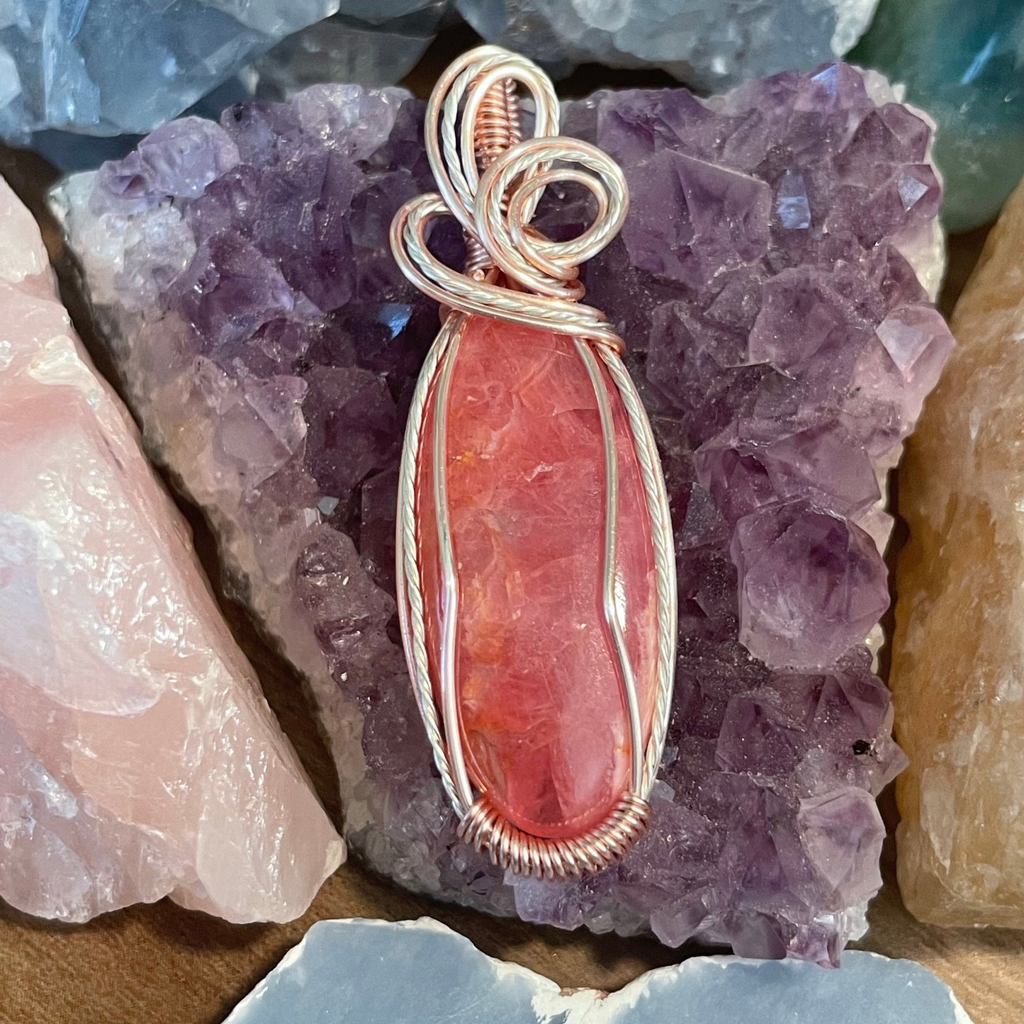 Rhodochrosite Necklace, Wire Wrapped Crystal Pendant with Chain, Healing Trauma ~ Worthiness ~ Self-Love & Compassion