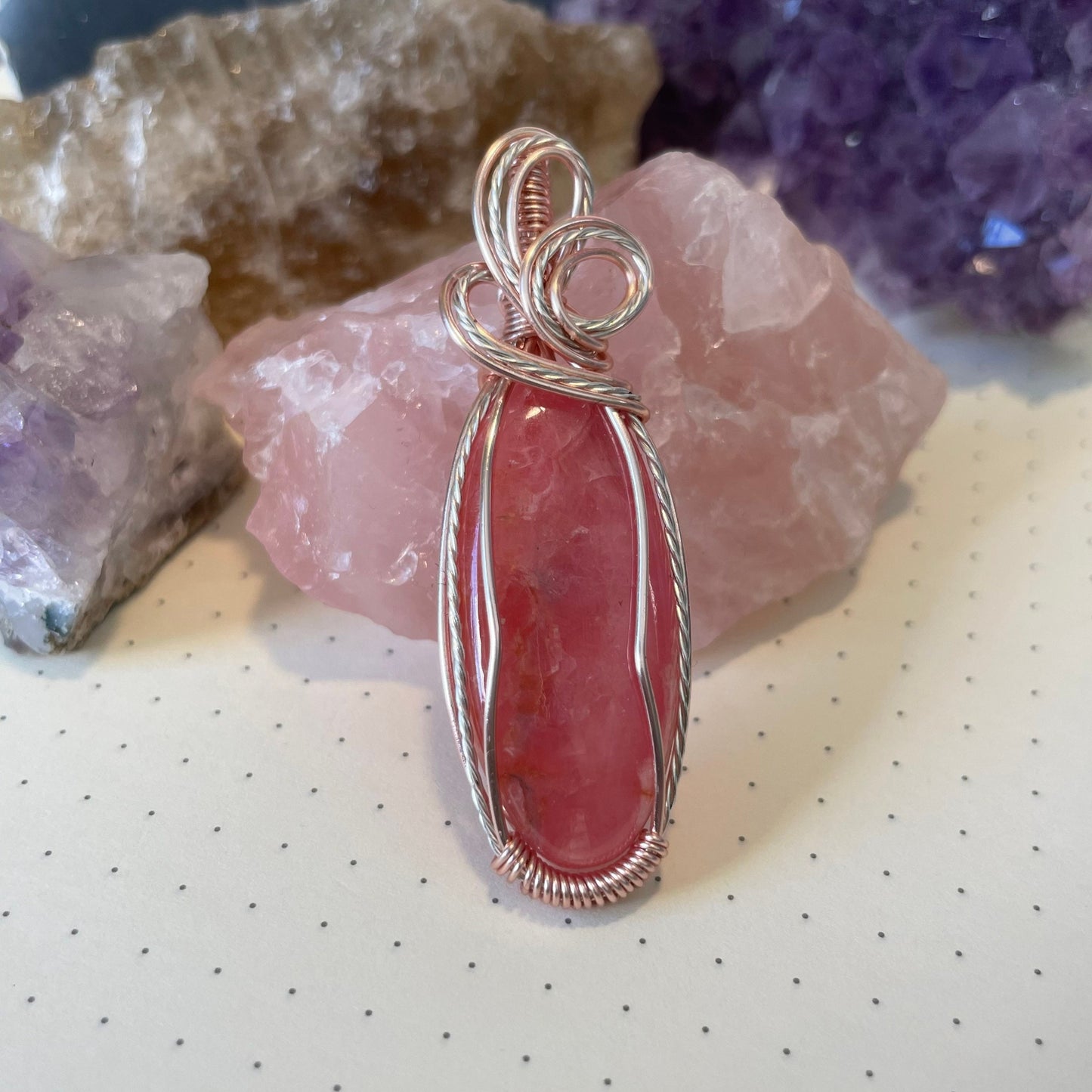 Rhodochrosite Necklace, Wire Wrapped Crystal Pendant with Chain, Healing Trauma ~ Worthiness ~ Self-Love & Compassion