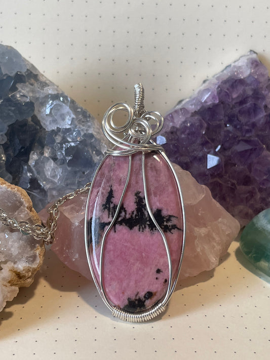 Rhodonite Necklace, Wire Wrapped Crystal Pendant with Chain, Forgiveness ~ Insight ~ Emotional Healing