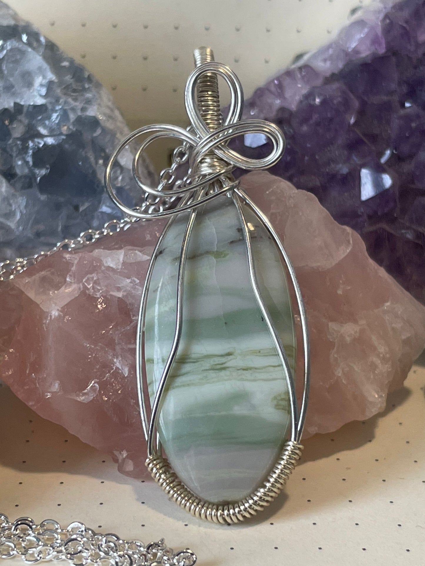 Green Septarian Necklace, Wire Wrapped Crystal Pendant with Chain, Strength ~ Nurturing ~ Patience
