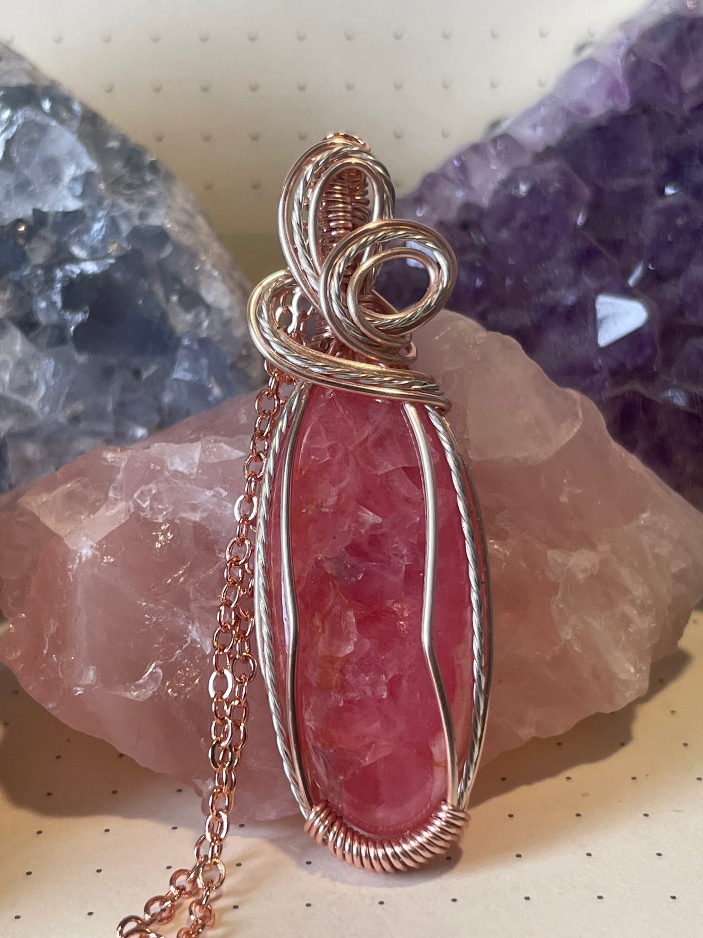 Rhodochrosite Necklace, Wire Wrapped Crystal Pendant with Chain, Healing Trauma ~ Worthiness ~ Self-Love & Compassion