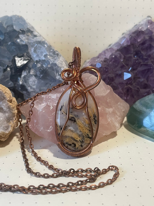 Collar de ágata tigre dendrítica, colgante de cristal envuelto en alambre con cadena, abundancia ~ perseverancia ~ aceptación