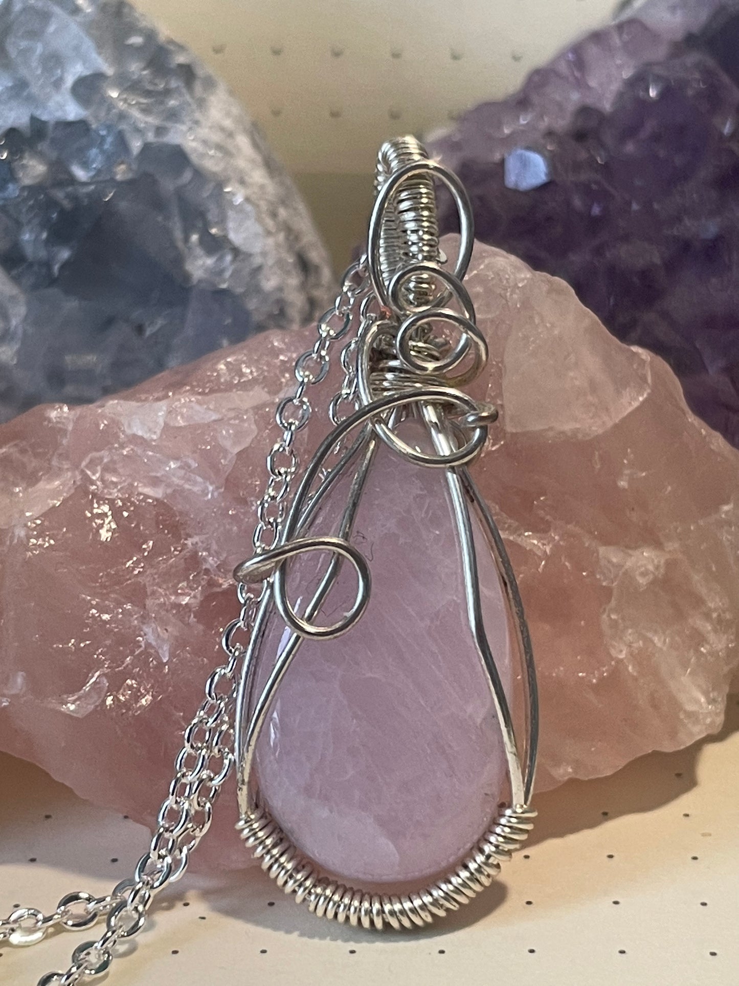 Kunzite Necklace, Wire Wrapped Crystal Pendant with Chain, Soothing ~ Self-Love ~ Self-Expression
