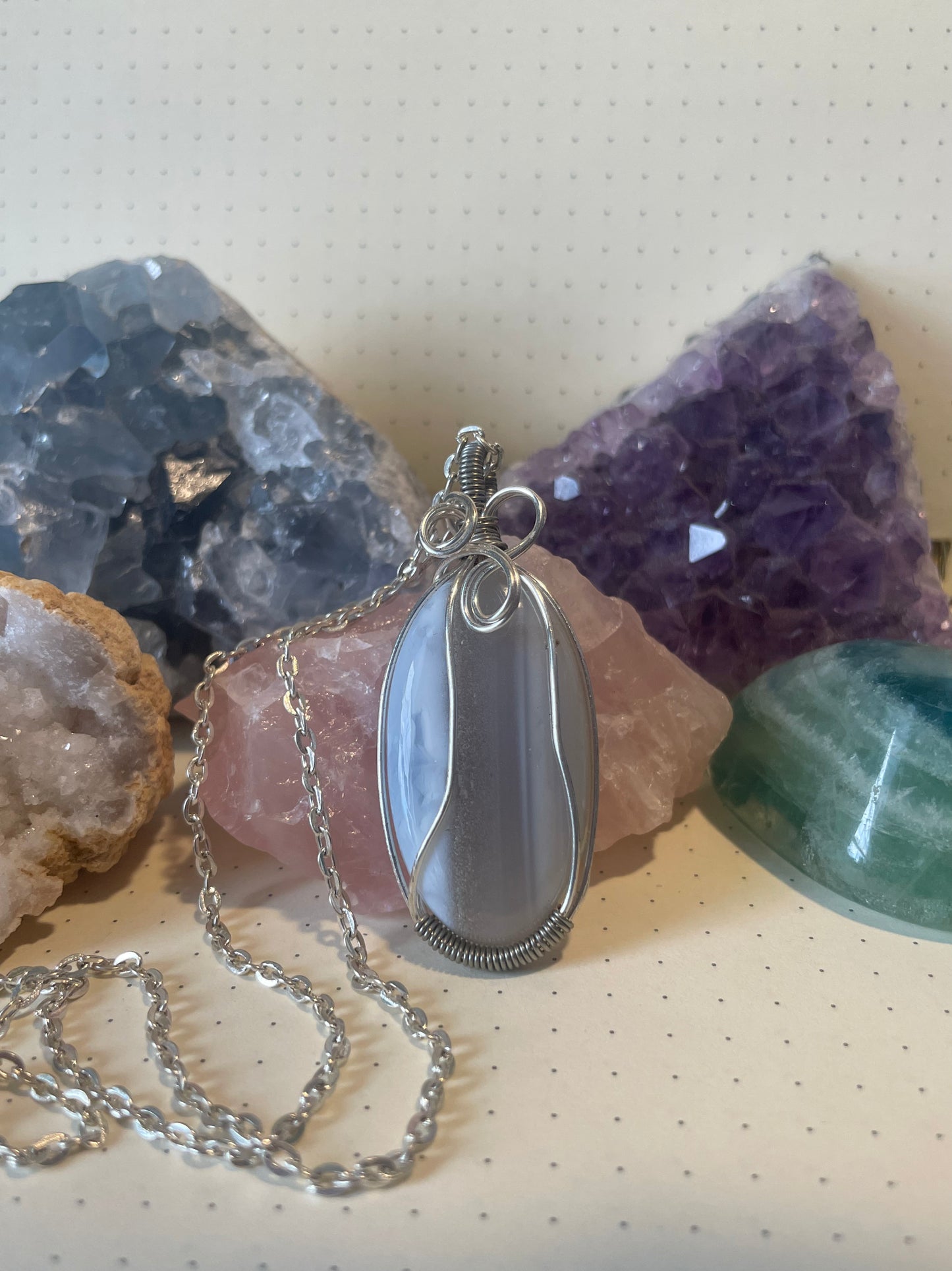 Blue Opal Crystal necklace, Wire Wrapped pendant, Owyhee Common Blue Opal, Angelic Communication ~ Expression ~ Releases Fear