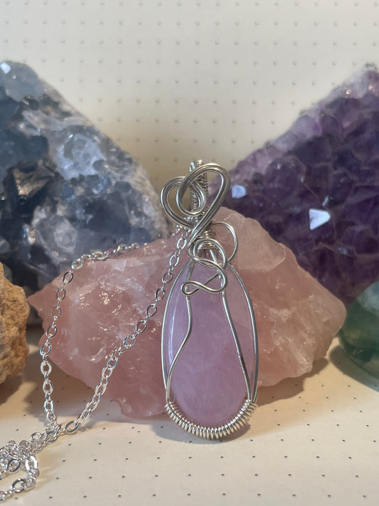 Kunzite Necklace, Wire Wrapped Crystal Pendant with Chain, Soothing ~ Self-Love ~ Self-Expression