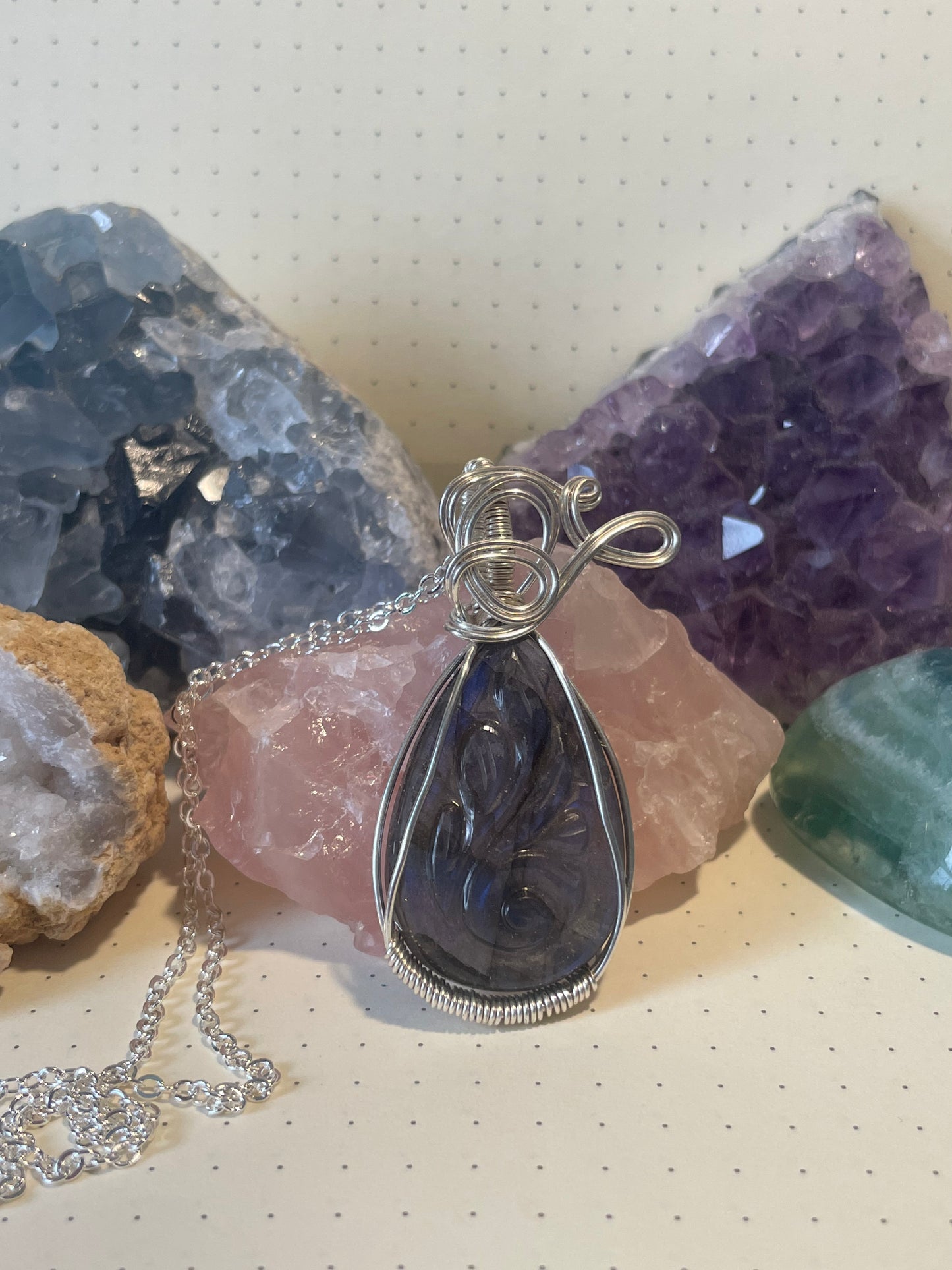 Labradorite Necklace, Wire Wrapped Crystal Pendant with Chain, Labradorite with Blue Flash, Higher Awareness ~ Shielding ~ Creativity