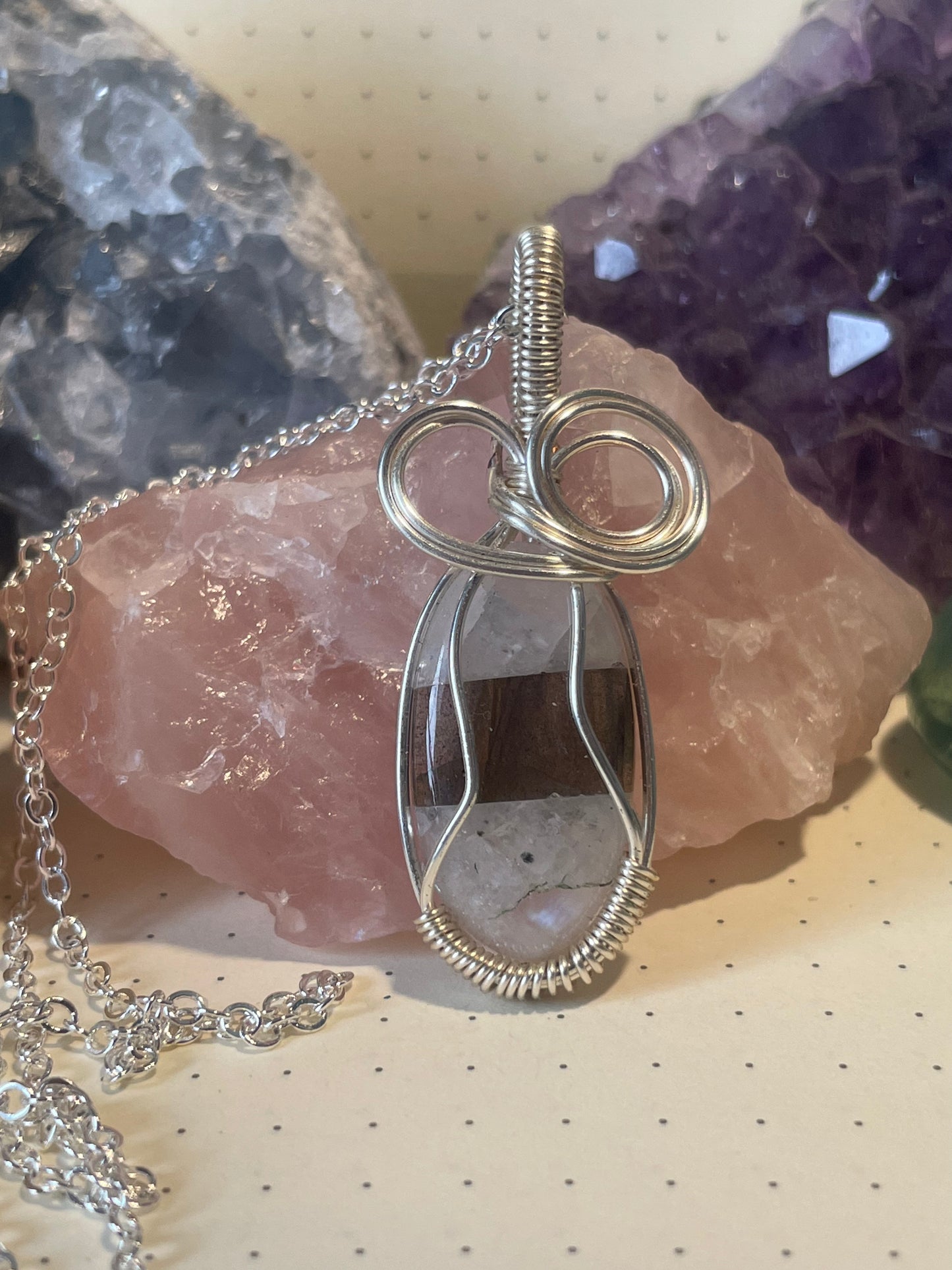 Labramoon Necklace, Wire Wrapped Crystal w/ Chain, Moonstone & Labradorite w/ flash, Higher Awareness ~ Soothing ~ Develops Psychic Gifts