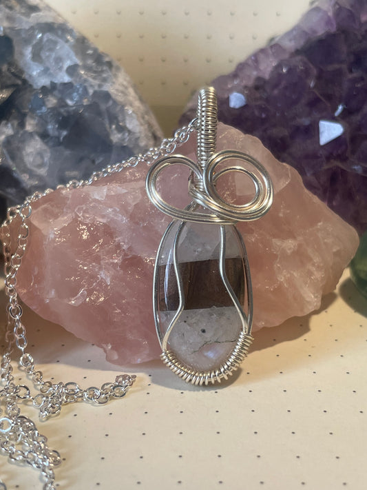 Collar Labramoon, cristal envuelto en alambre con cadena, piedra lunar y labradorita con destello, mayor conciencia ~ calmante ~ desarrolla dones psíquicos