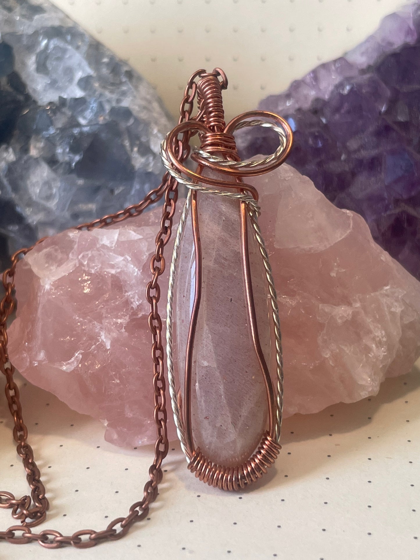 Peach Moonstone Necklace, Wire Wrapped Crystal Pendant with Chain, New Beginnings ~ Divinity ~ Growth