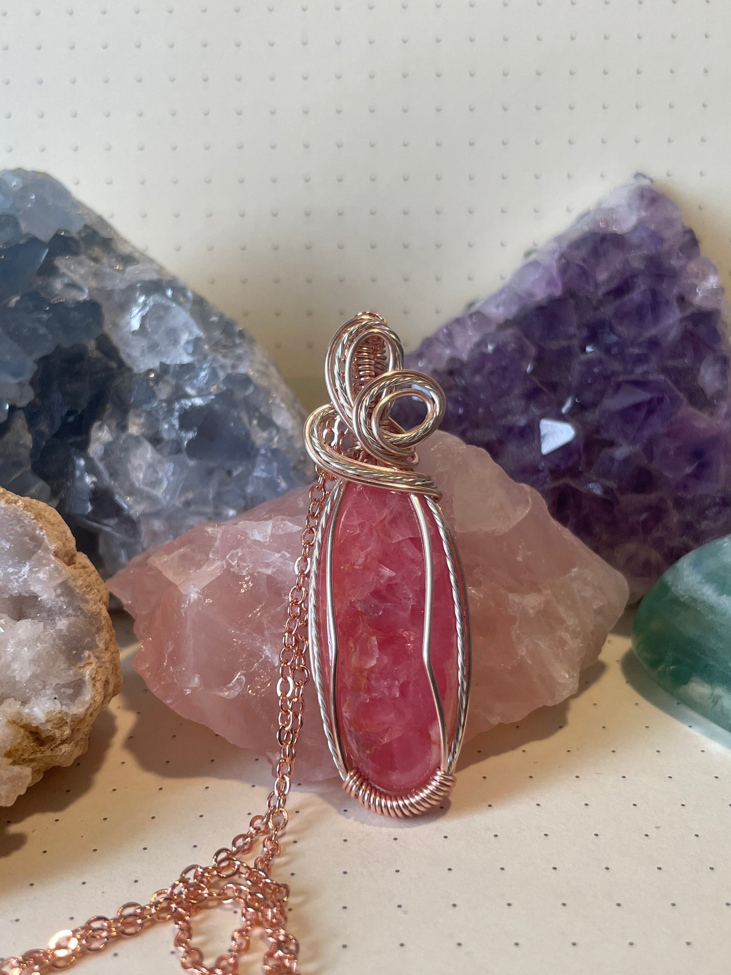 Rhodochrosite Necklace, Wire Wrapped Crystal Pendant with Chain, Healing Trauma ~ Worthiness ~ Self-Love & Compassion