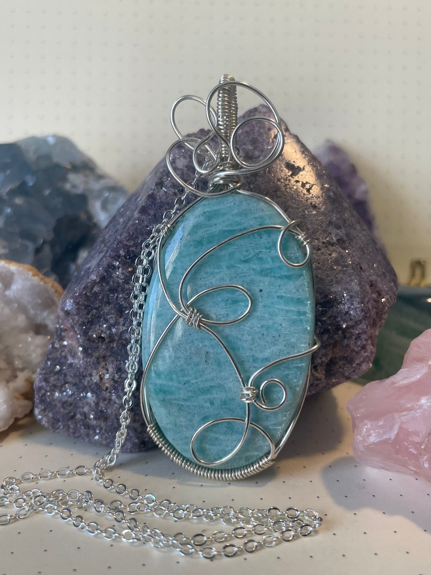 Amazonite Necklace, Wire Wrapped Crystal Pendant with Chain, Playfulness ~ Self-Discovery ~ Communication
