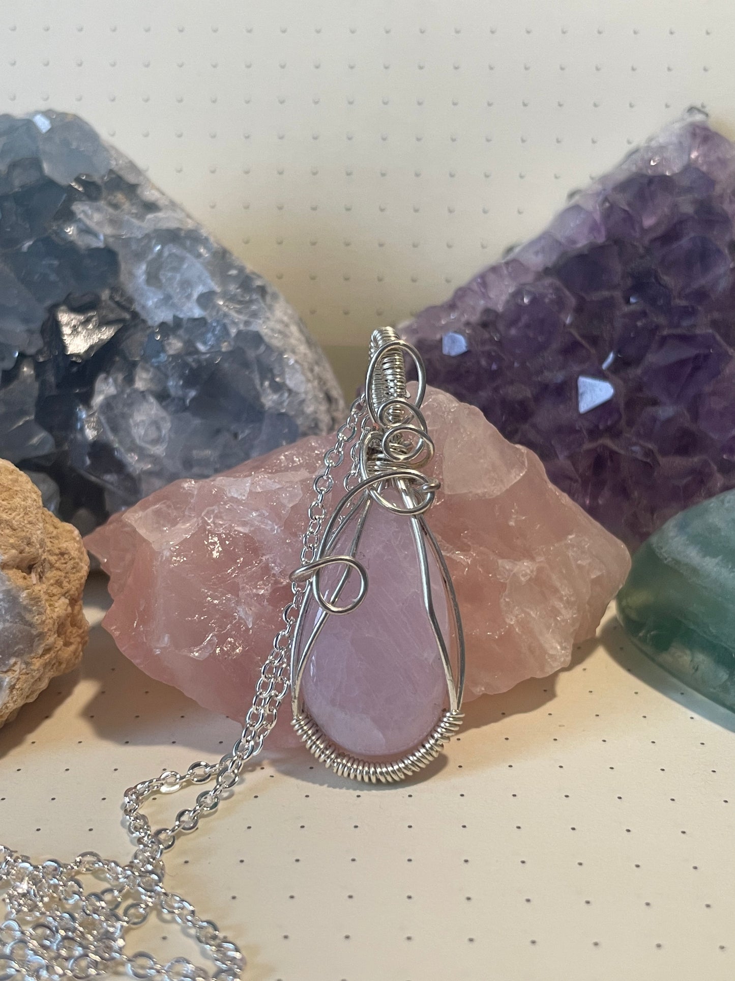 Kunzite Necklace, Wire Wrapped Crystal Pendant with Chain, Soothing ~ Self-Love ~ Self-Expression