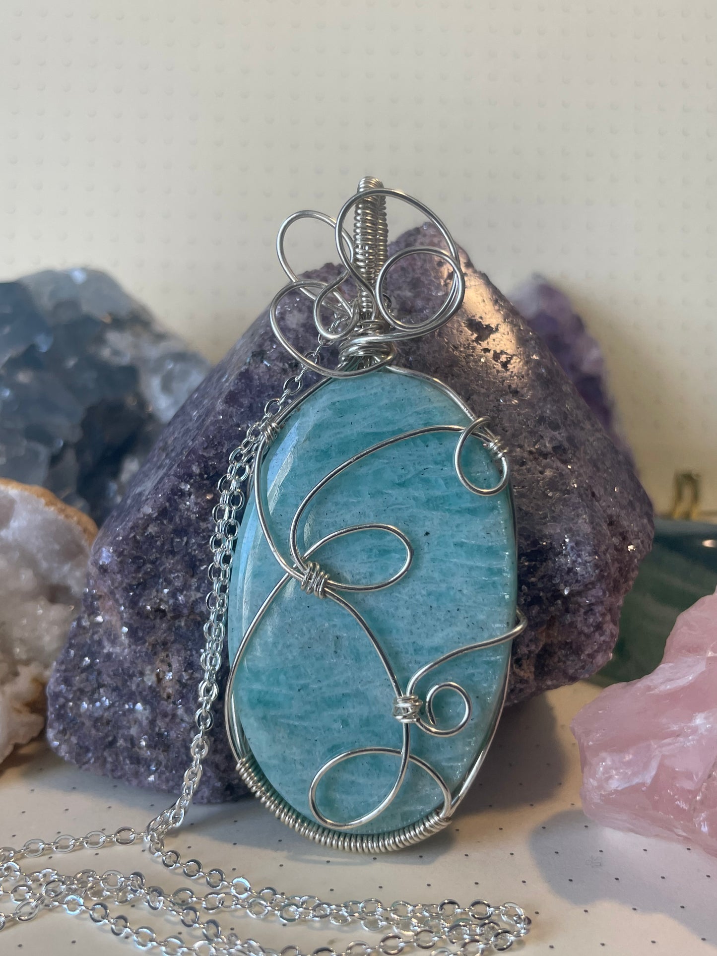 Amazonite Necklace, Wire Wrapped Crystal Pendant with Chain, Playfulness ~ Self-Discovery ~ Communication