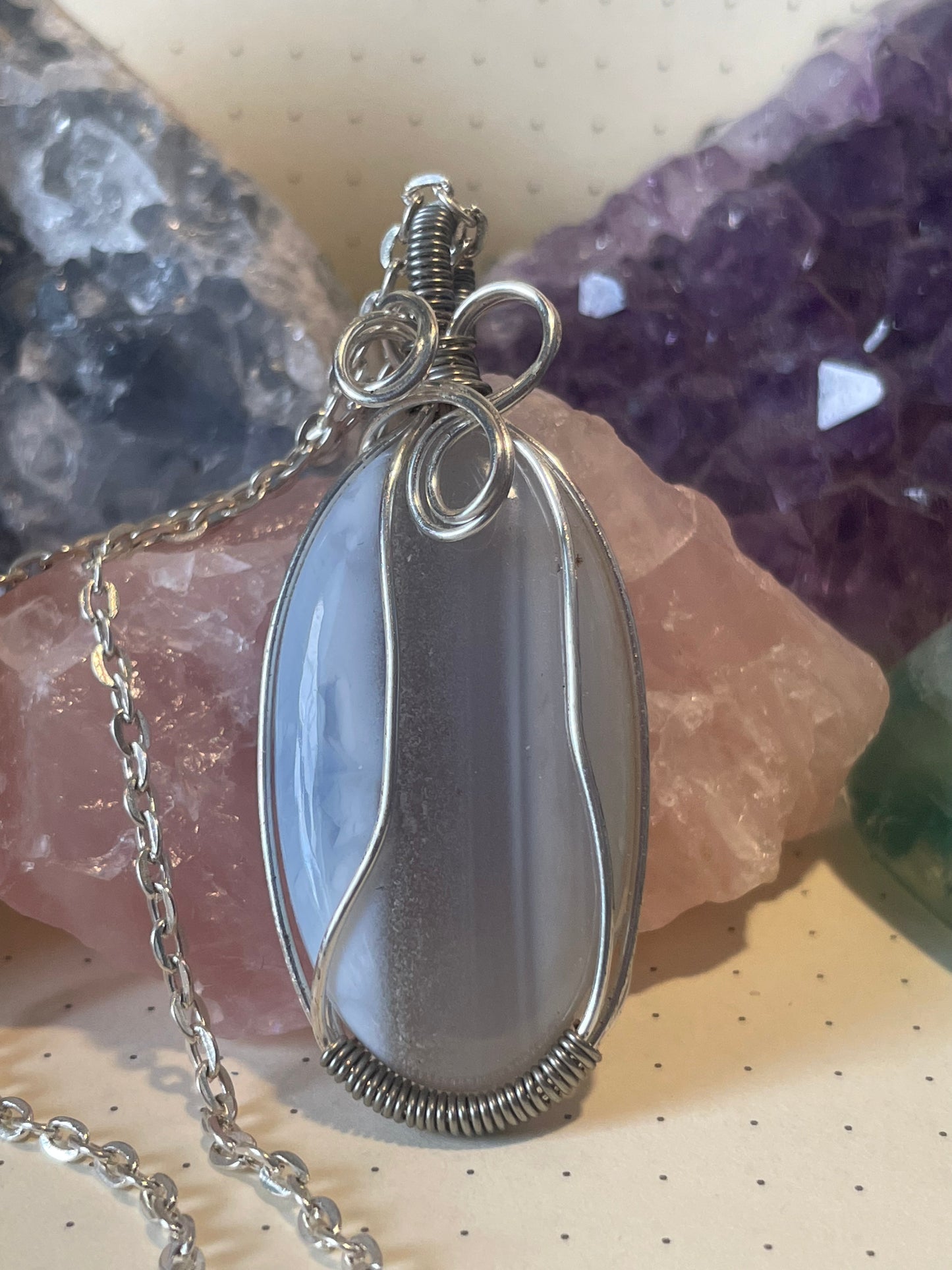 Blue Opal Crystal necklace, Wire Wrapped pendant, Owyhee Common Blue Opal, Angelic Communication ~ Expression ~ Releases Fear