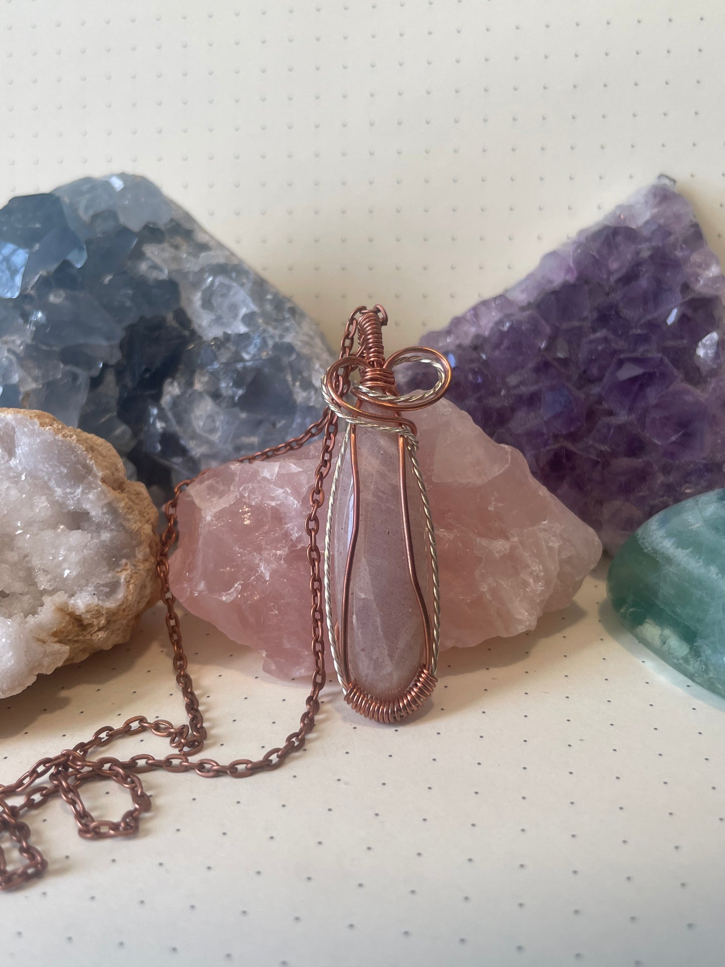 Peach Moonstone Necklace, Wire Wrapped Crystal Pendant with Chain, New Beginnings ~ Divinity ~ Growth