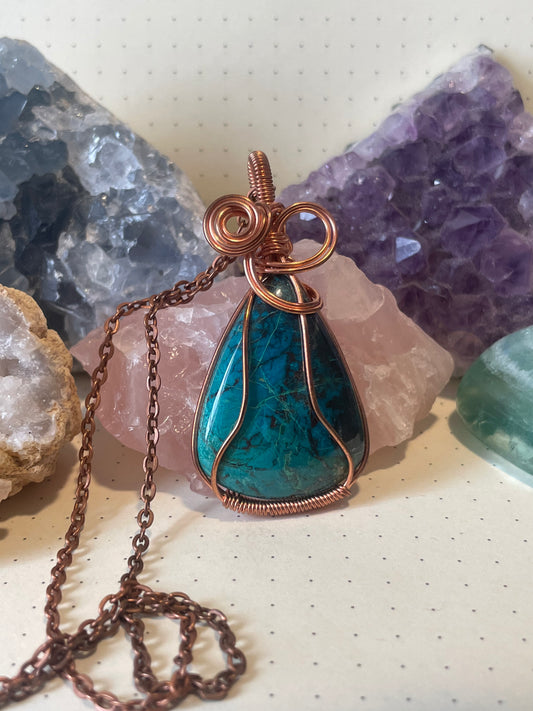 Shattuckite Necklace, Wire Wrapped Crystal Pendant with Chain, Inner Strength ~ Fortune ~ Enhances Spiritual Gifts